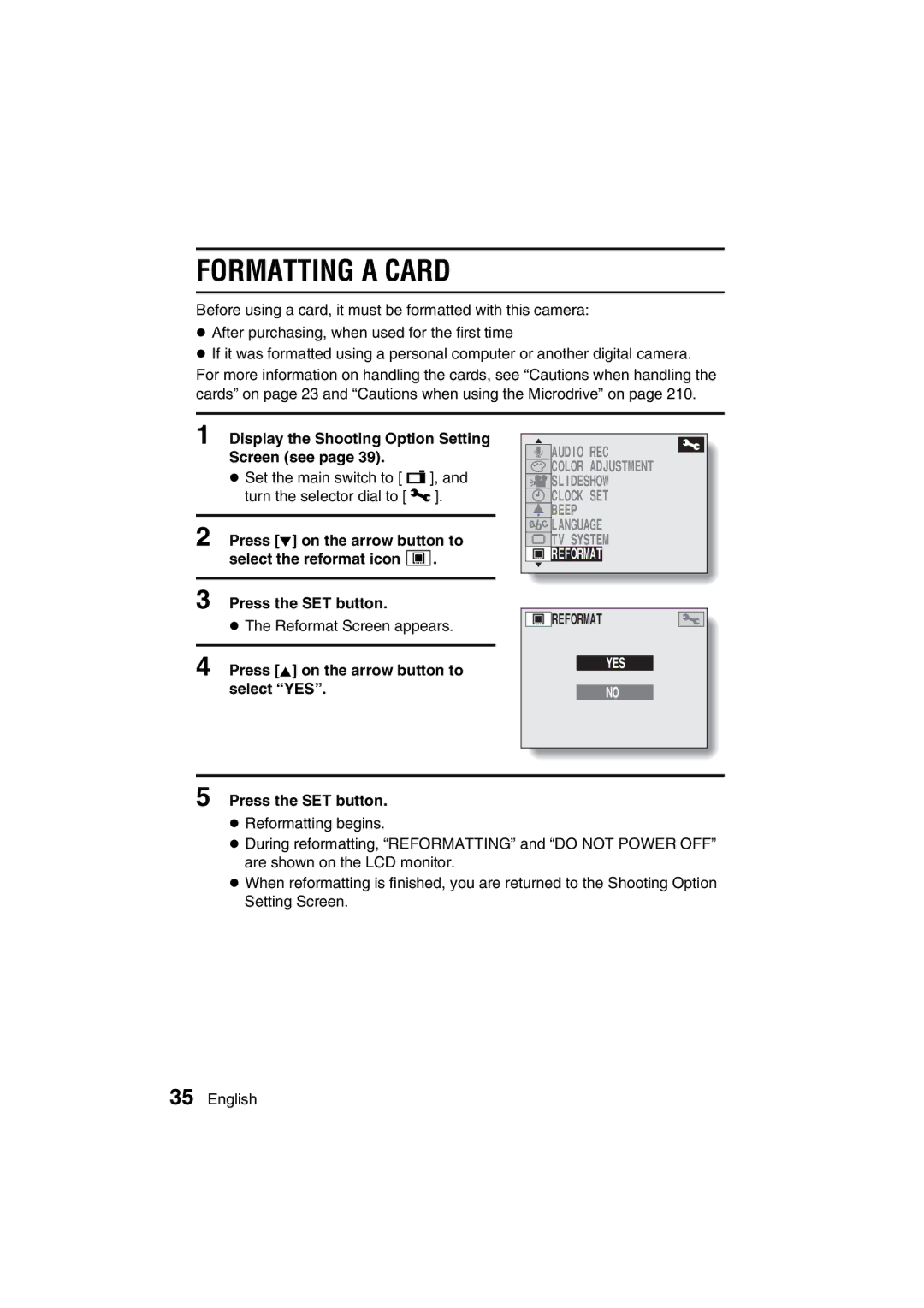 Sanyo VPC-MZ3 Formatting a Card, Display the Shooting Option Setting Screen see, Press j on the arrow button to select YES 