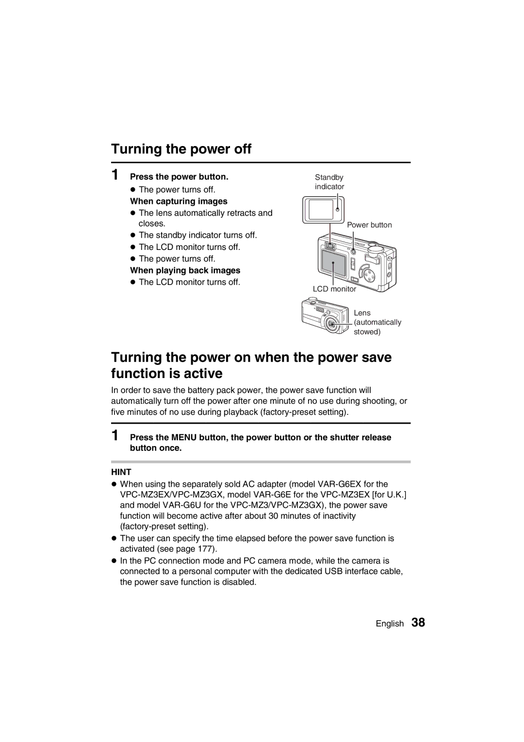 Sanyo VPC-MZ3 Turning the power off, Turning the power on when the power save function is active, When capturing images 