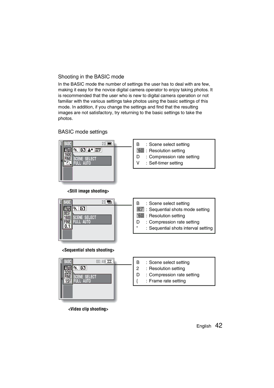 Sanyo VPC-MZ3EX, VPC-MZ3GX instruction manual Shooting in the Basic mode, Basic mode settings, Video clip shooting 