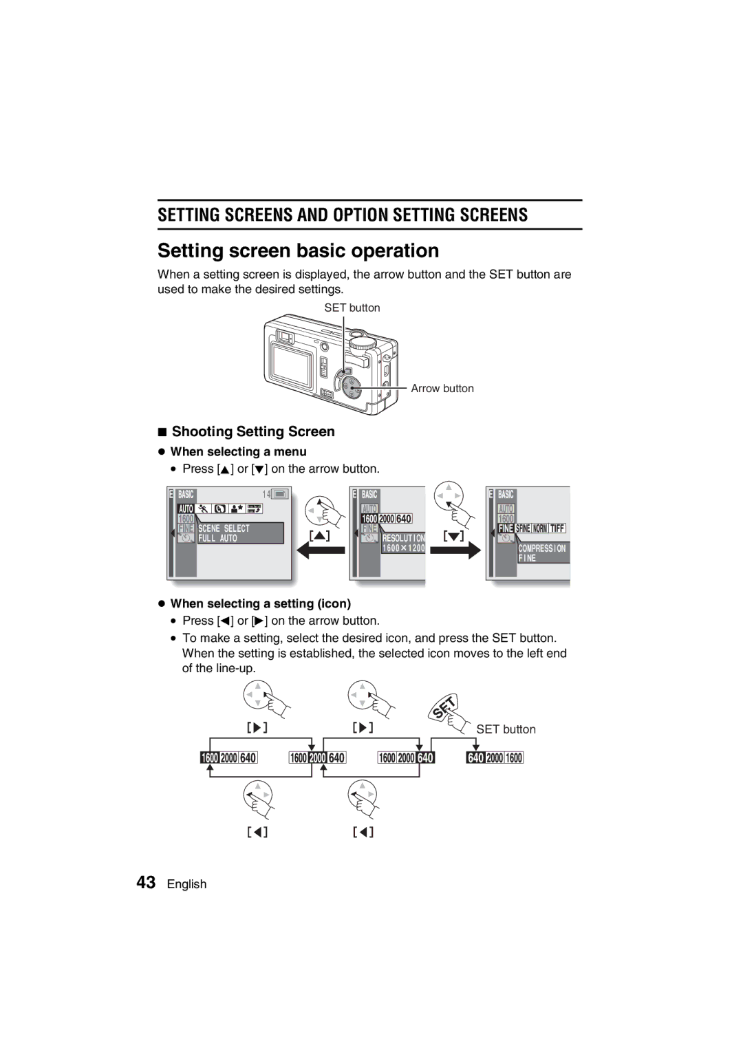 Sanyo VPC-MZ3GX, VPC-MZ3EX instruction manual Setting screen basic operation, Shooting Setting Screen, When selecting a menu 