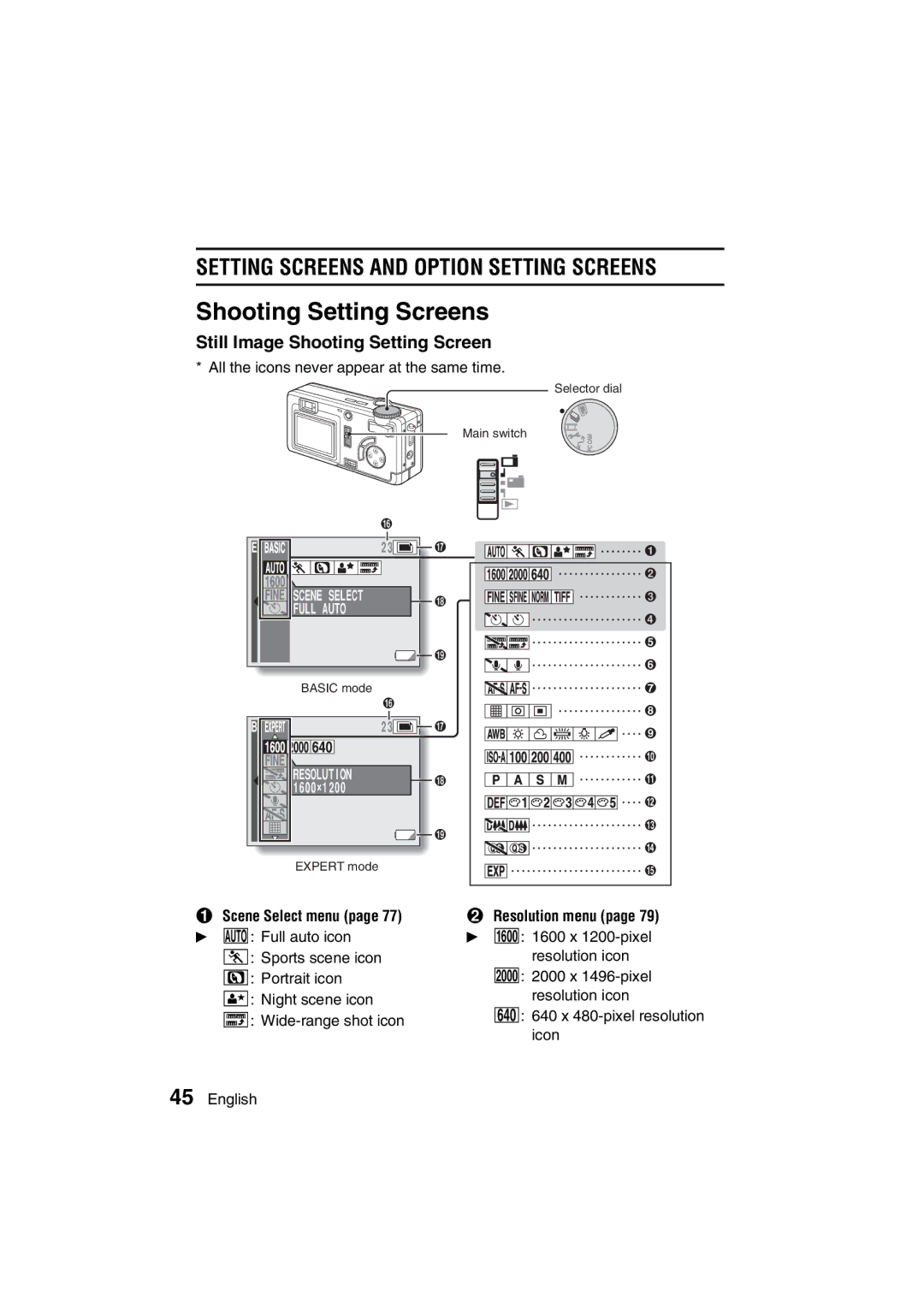 Sanyo VPC-MZ3EX Shooting Setting Screens, Still Image Shooting Setting Screen, Scene Select Full Auto, Resolution 