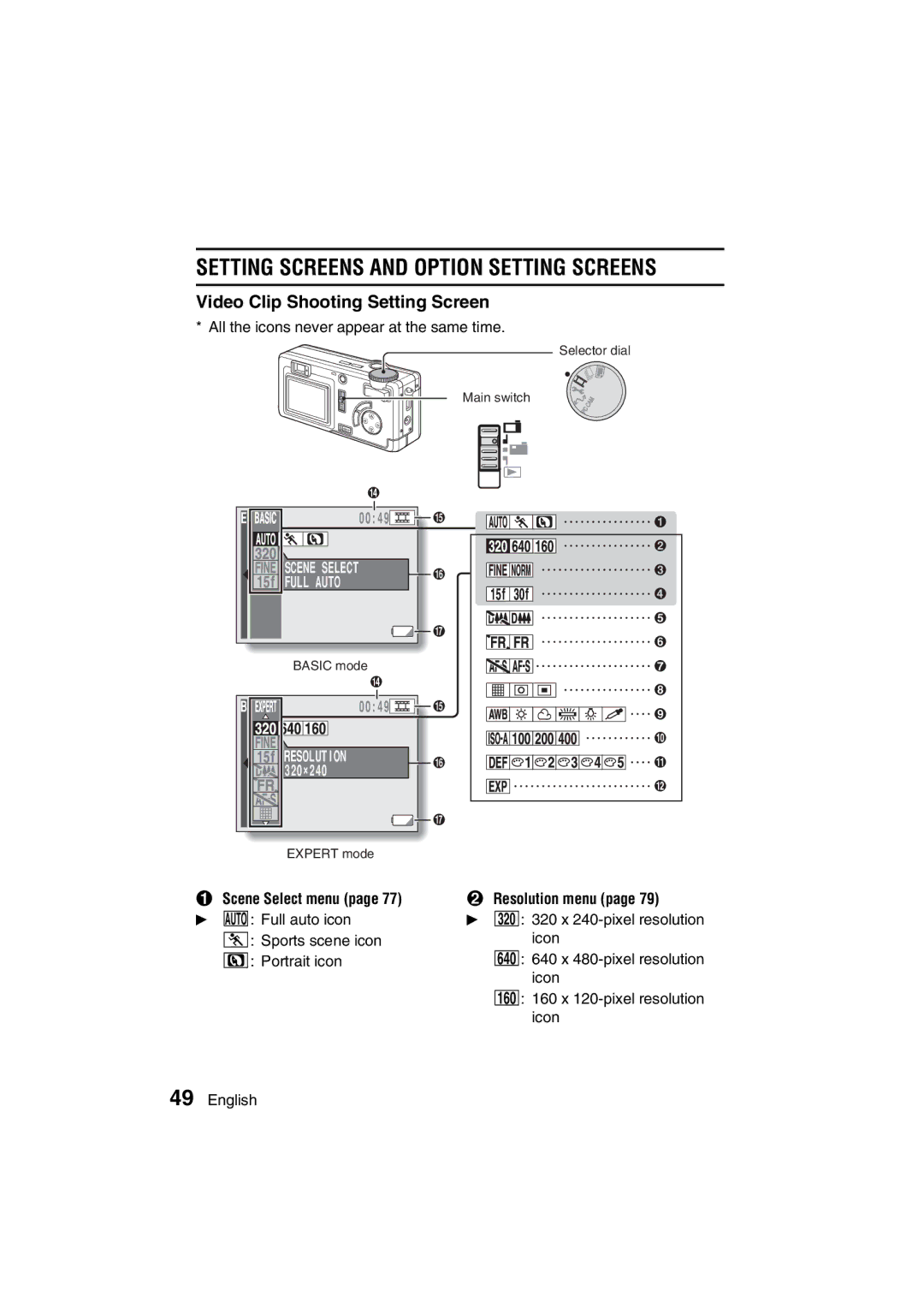 Sanyo VPC-MZ3GX, VPC-MZ3EX instruction manual Video Clip Shooting Setting Screen, Resolution menu 