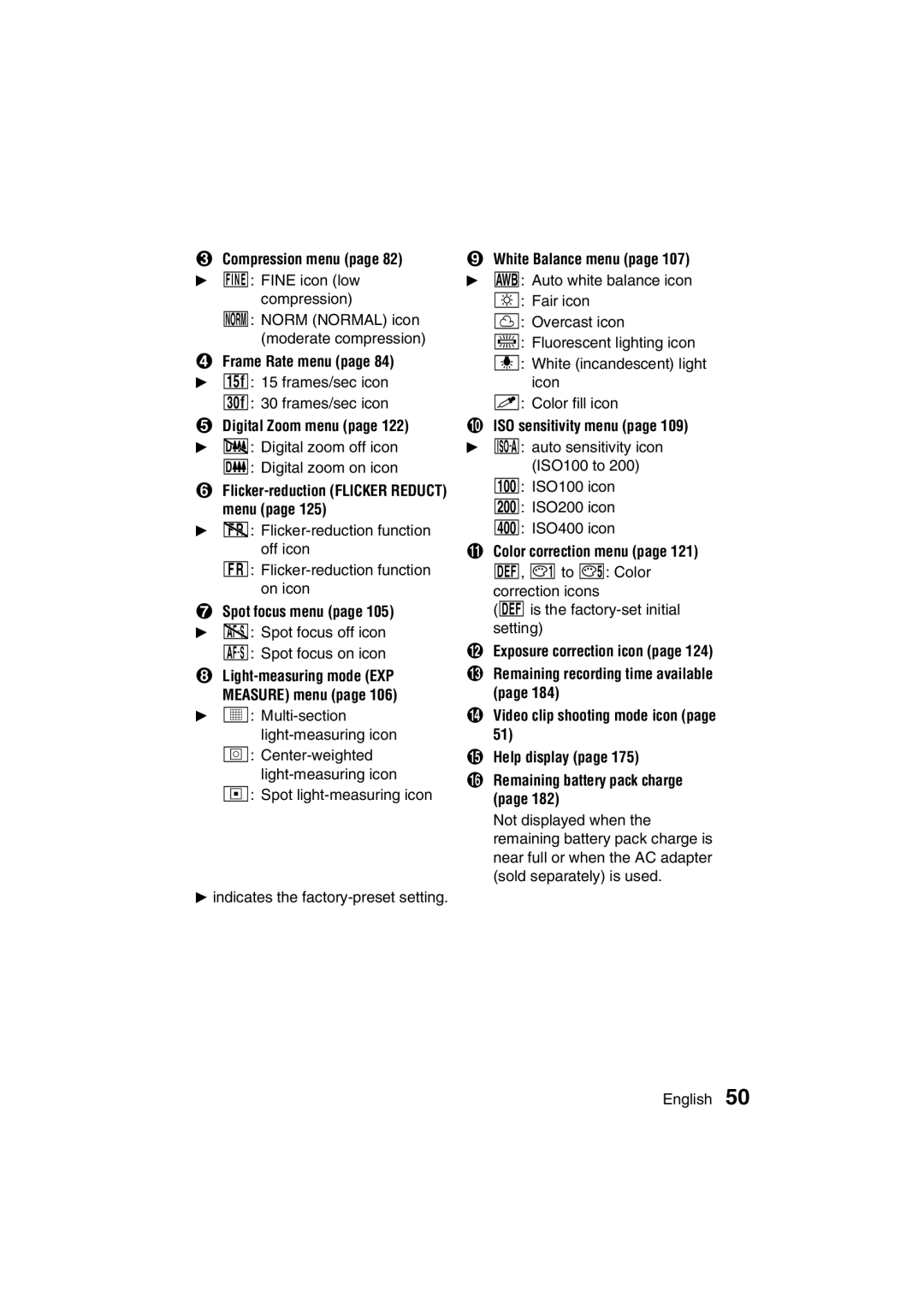 Sanyo VPC-MZ3EX, VPC-MZ3GX Compression menu page 82 c D Fine icon low, Flicker-reduction Flicker Reduct menu 