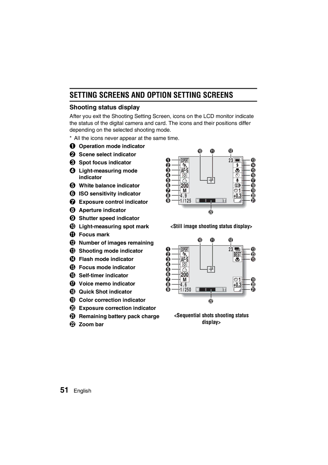 Sanyo VPC-MZ3EX, VPC-MZ3GX instruction manual Shooting status display 