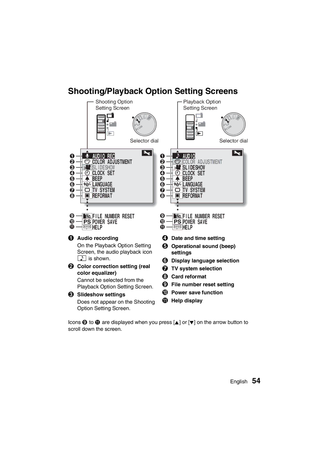 Sanyo VPC-MZ3EX Shooting/Playback Option Setting Screens, Audio recording, Color correction setting real color equalizer 