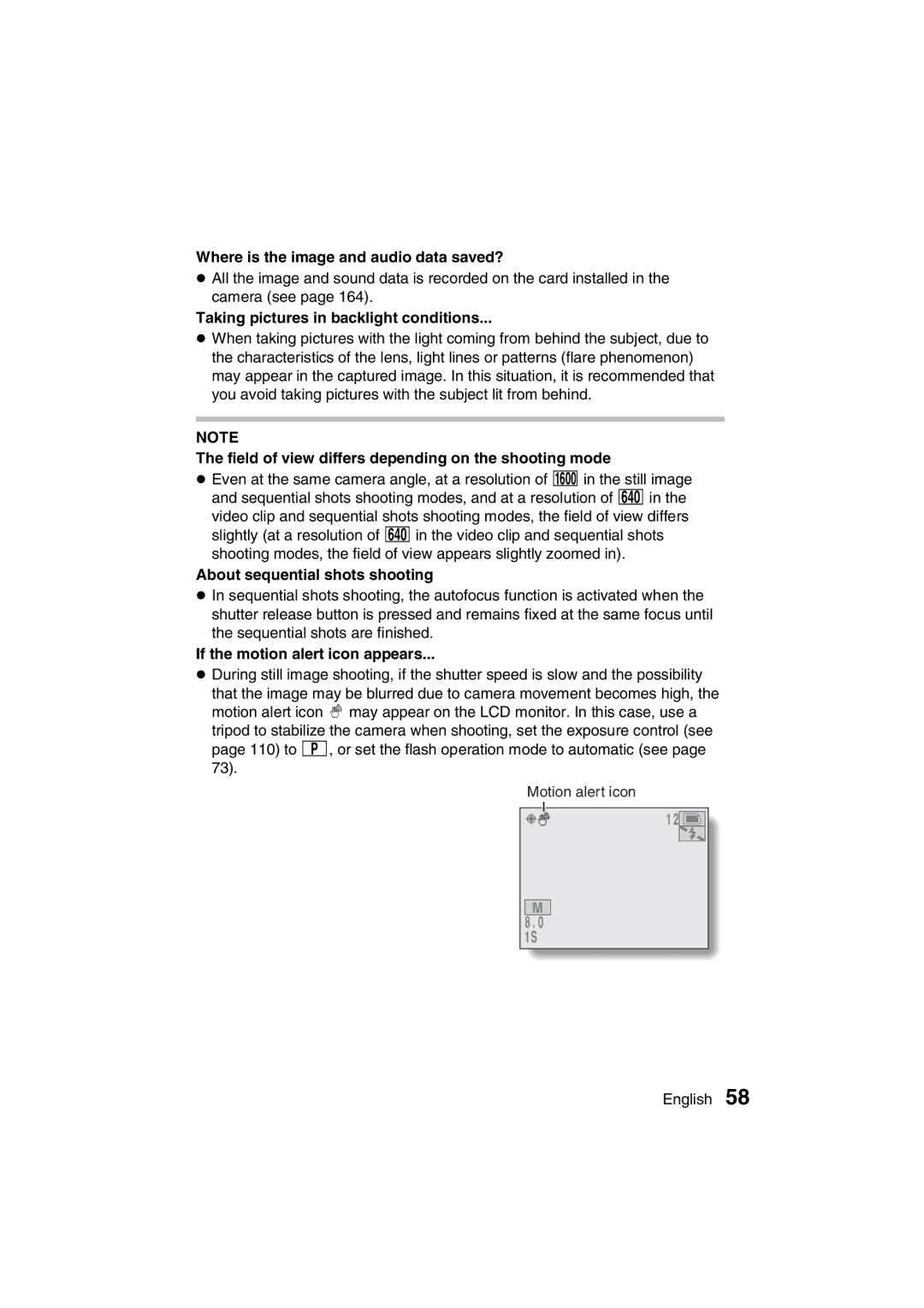 Sanyo VPC-MZ3GX, VPC-MZ3EX Where is the image and audio data saved?, Taking pictures in backlight conditions 