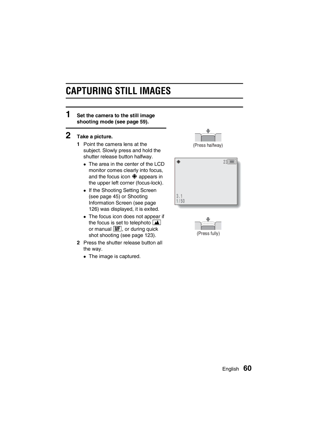 Sanyo VPC-MZ3EX, VPC-MZ3GX instruction manual Capturing Still Images, Area in the center of the LCD 