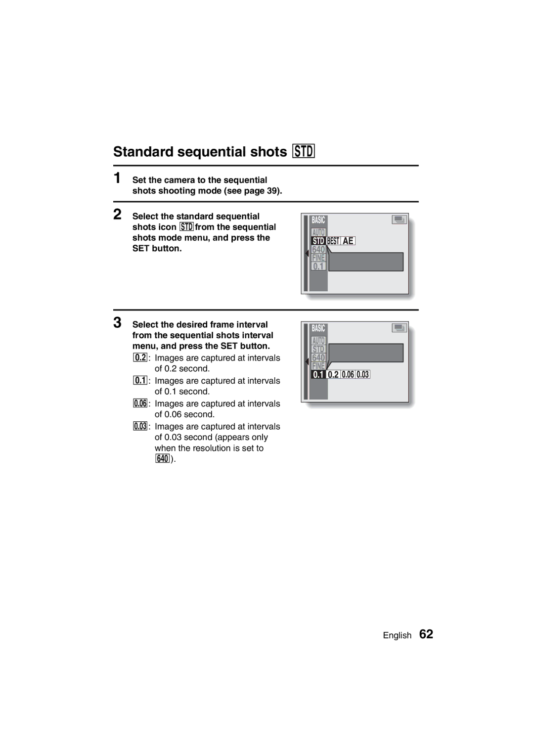 Sanyo VPC-MZ3EX, VPC-MZ3GX instruction manual Standard sequential shots Ö, Method, Interval 