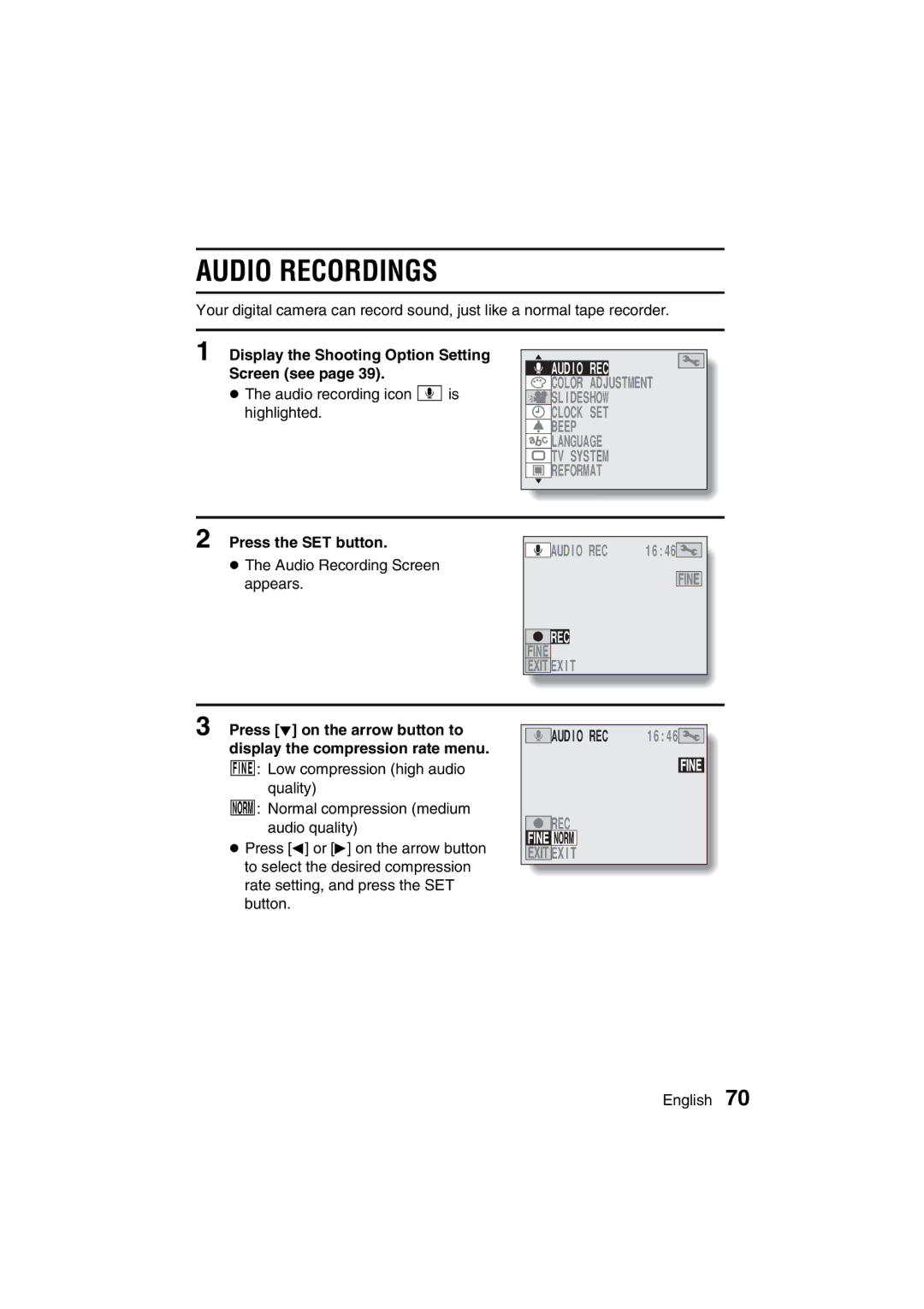 Sanyo VPC-MZ3GX, VPC-MZ3EX instruction manual Audio Recordings, Audio REC 