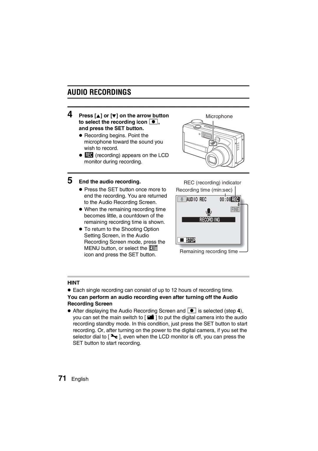 Sanyo VPC-MZ3EX, VPC-MZ3GX instruction manual Audio Recordings, End the audio recording, Recording time minsec 