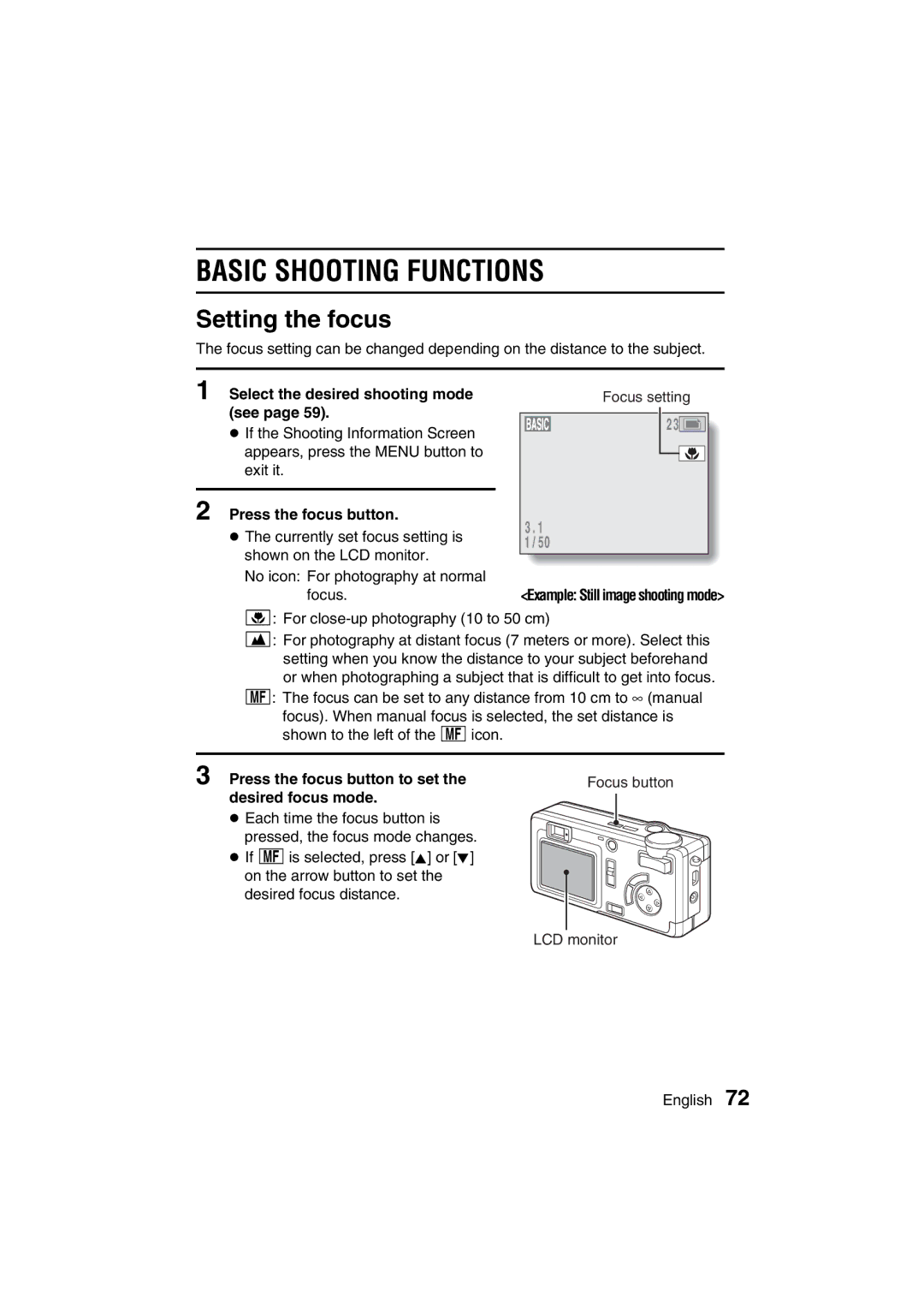 Sanyo VPC-MZ3EX, VPC-MZ3GX instruction manual Basic Shooting Functions, Setting the focus 
