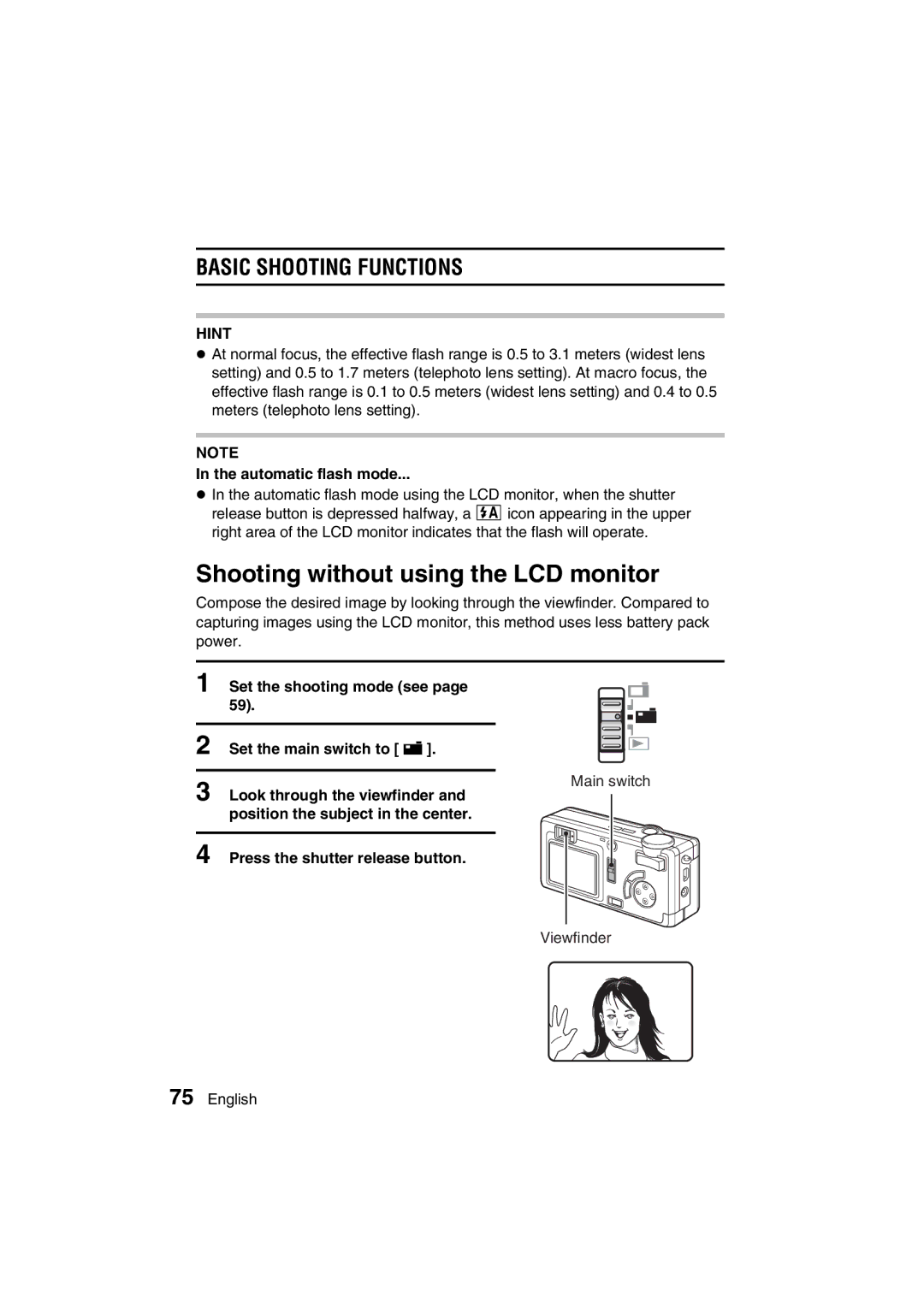 Sanyo VPC-MZ3EX, VPC-MZ3GX instruction manual Shooting without using the LCD monitor, Automatic flash mode 