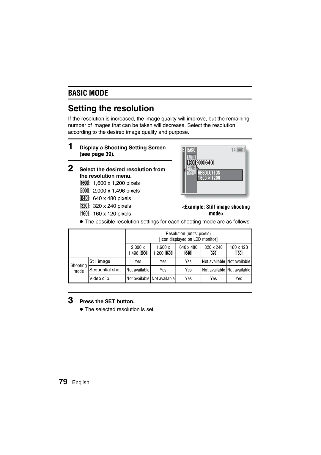 Sanyo VPC-MZ3GX, VPC-MZ3EX instruction manual Setting the resolution, Basic Mode 