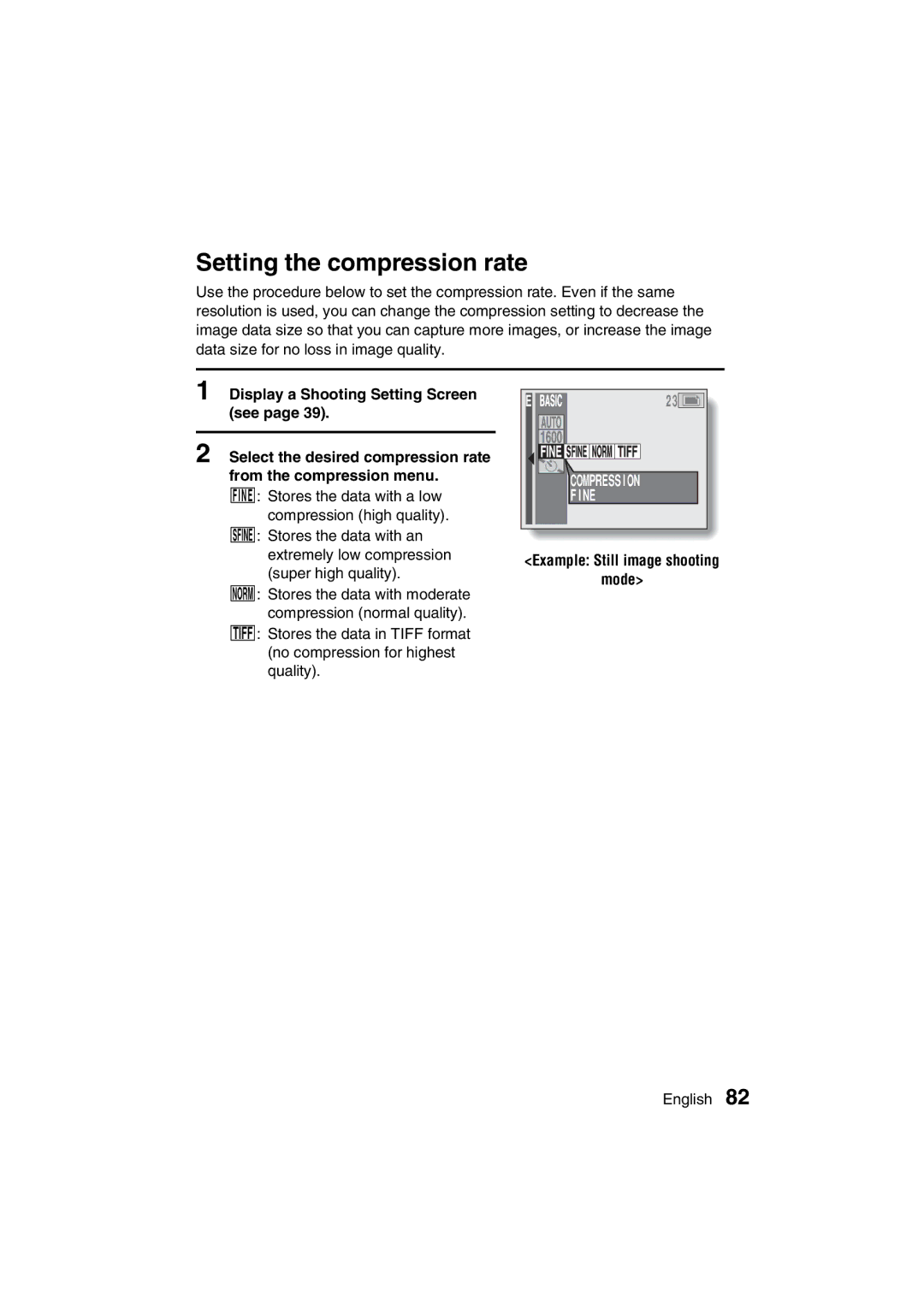 Sanyo VPC-MZ3GX, VPC-MZ3EX instruction manual Setting the compression rate, Fine 