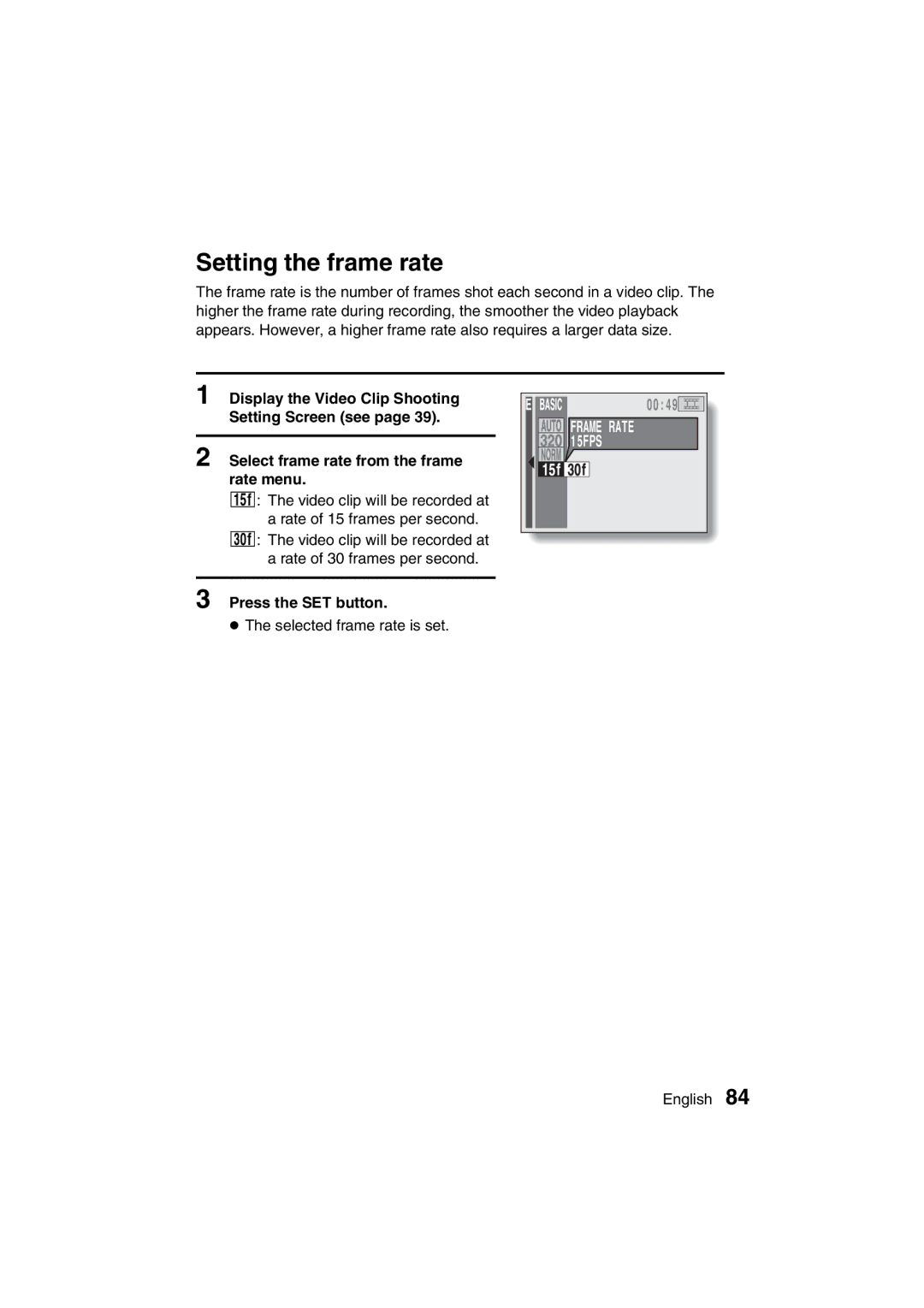 Sanyo VPC-MZ3EX, VPC-MZ3GX instruction manual Setting the frame rate, Frame Rate, 15FPS 