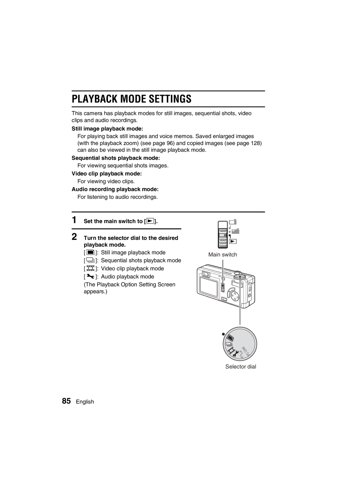 Sanyo VPC-MZ3GX, VPC-MZ3EX Playback Mode Settings, Still image playback mode, Sequential shots playback mode 