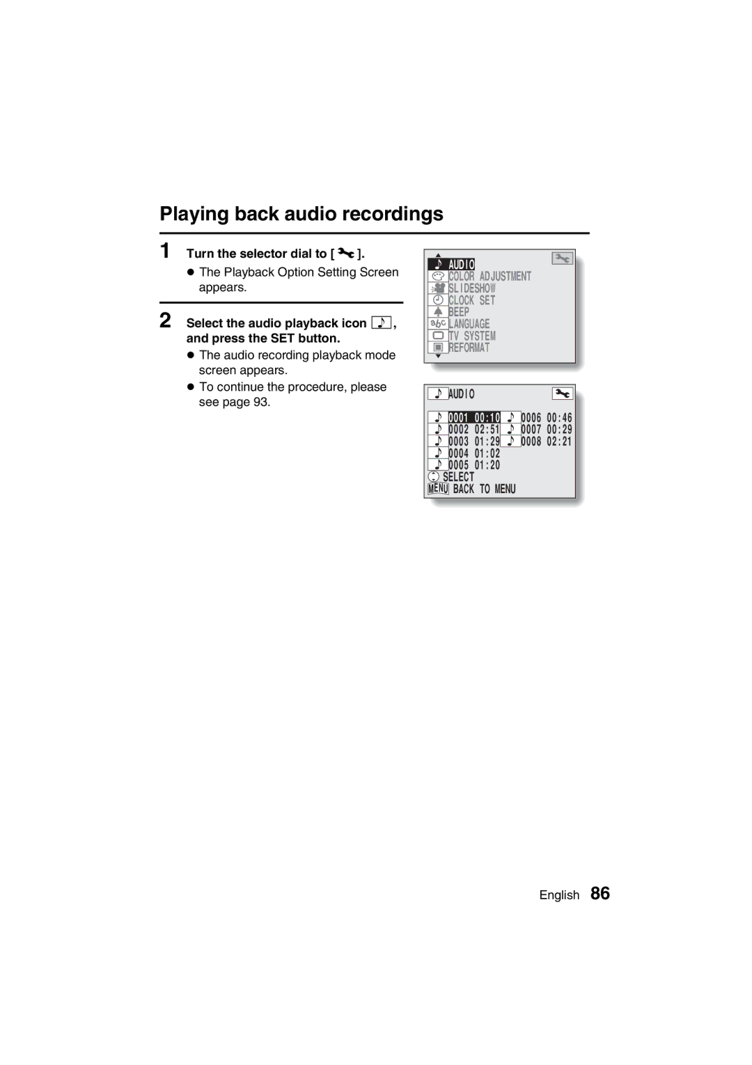 Sanyo VPC-MZ3EX, VPC-MZ3GX instruction manual Playing back audio recordings, Turn the selector dial to P, Audio 