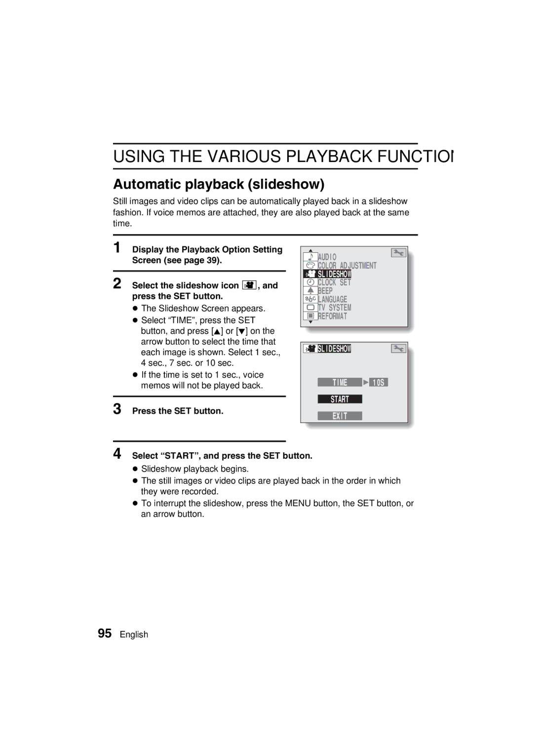 Sanyo VPC-MZ3EX, VPC-MZ3GX Automatic playback slideshow, Slideshow, Select START, and press the SET button 