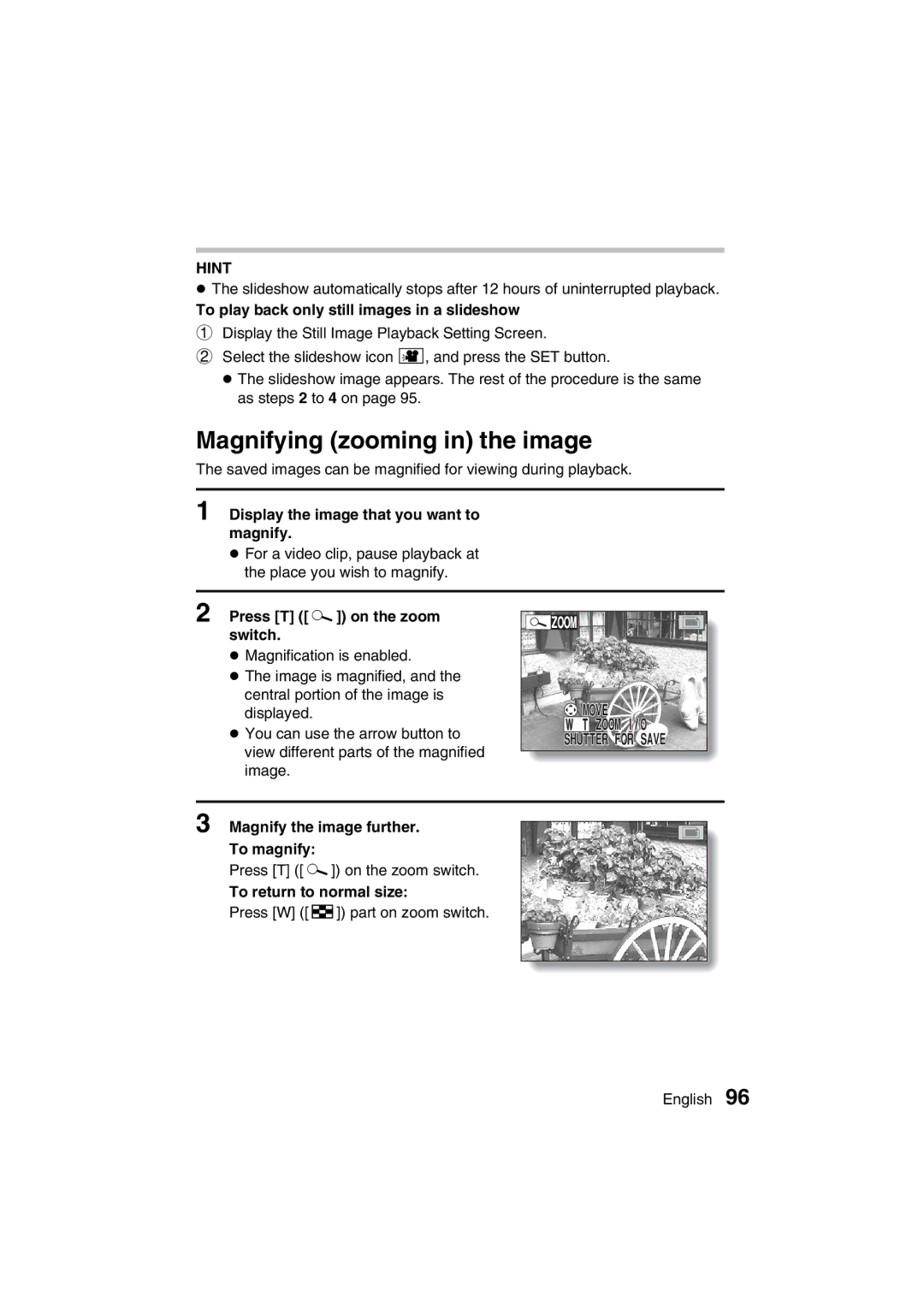 Sanyo VPC-MZ3EX, VPC-MZ3GX instruction manual Magnifying zooming in the image 