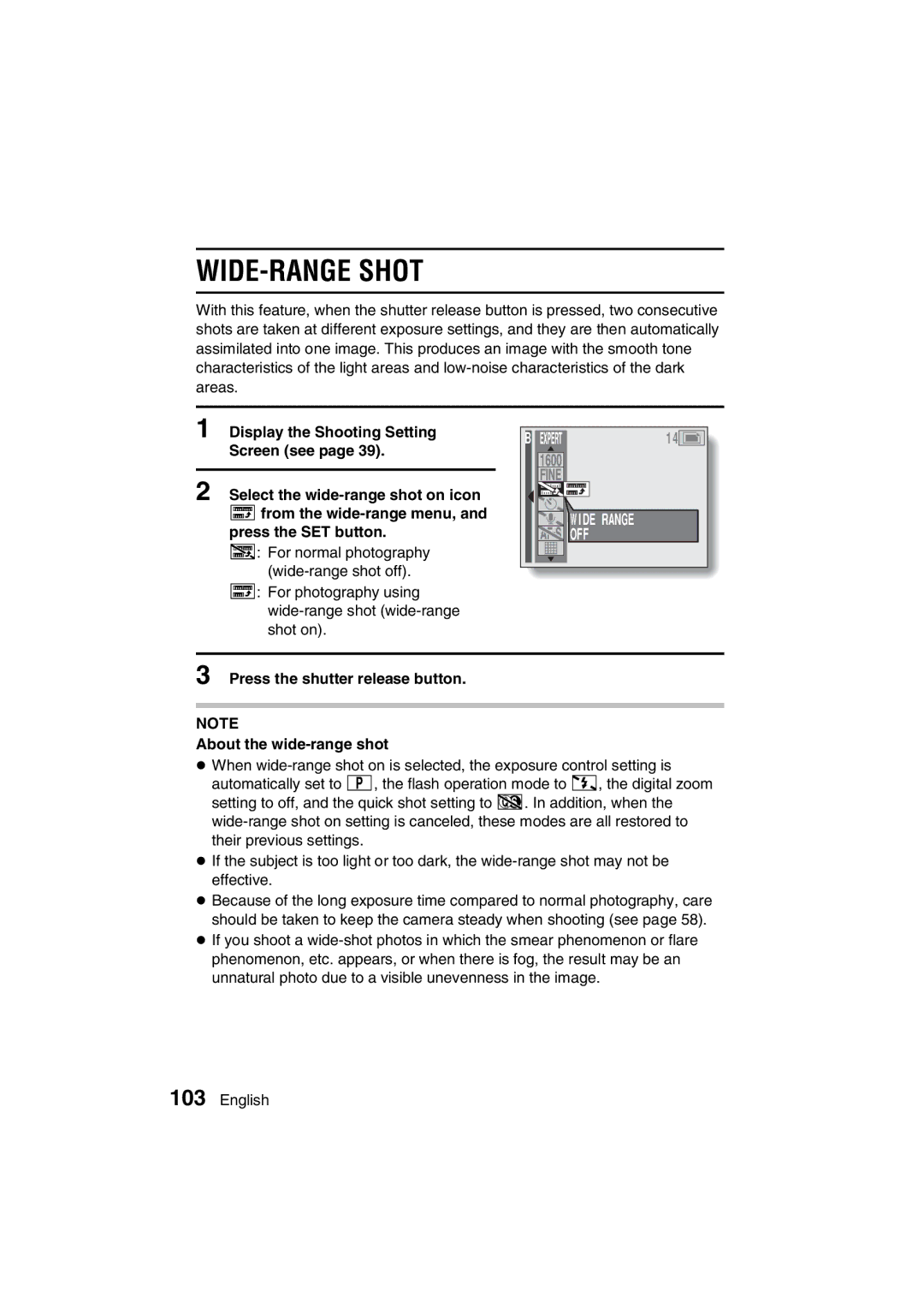 Sanyo VPC-MZ3GX instruction manual WIDE-RANGE Shot, Press the shutter release button About the wide-range shot 