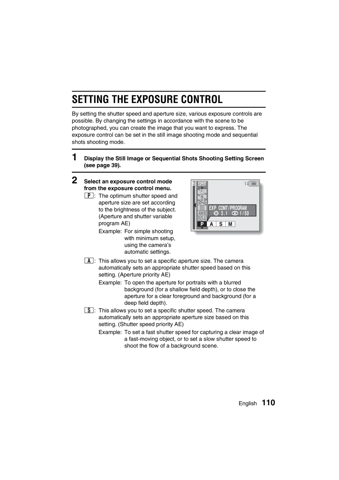 Sanyo VPC-MZ3GX instruction manual Setting the Exposure Control 