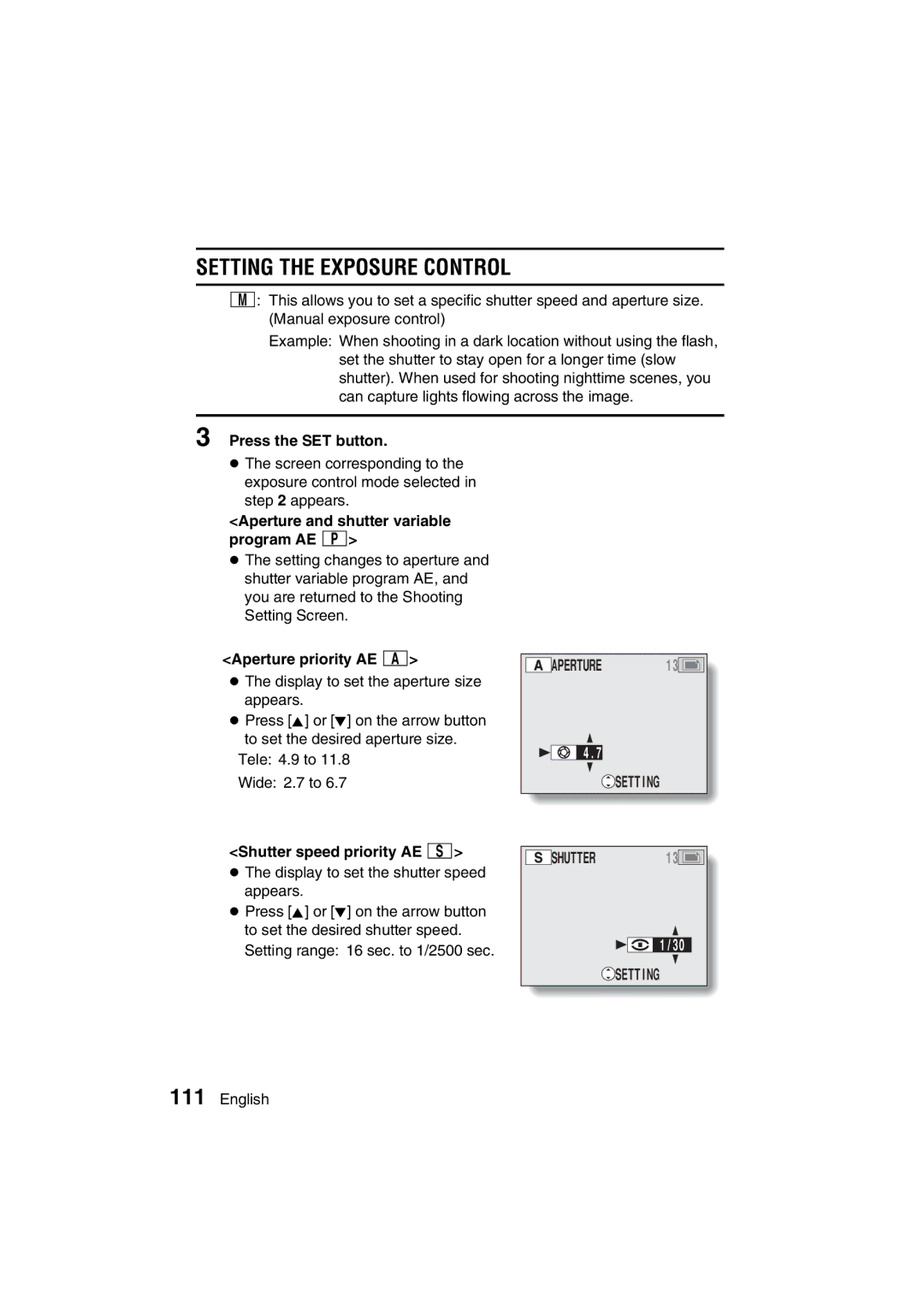 Sanyo VPC-MZ3GX Setting the Exposure Control, Aperture and shutter variable program AE Ï, Aperture priority AE Î 