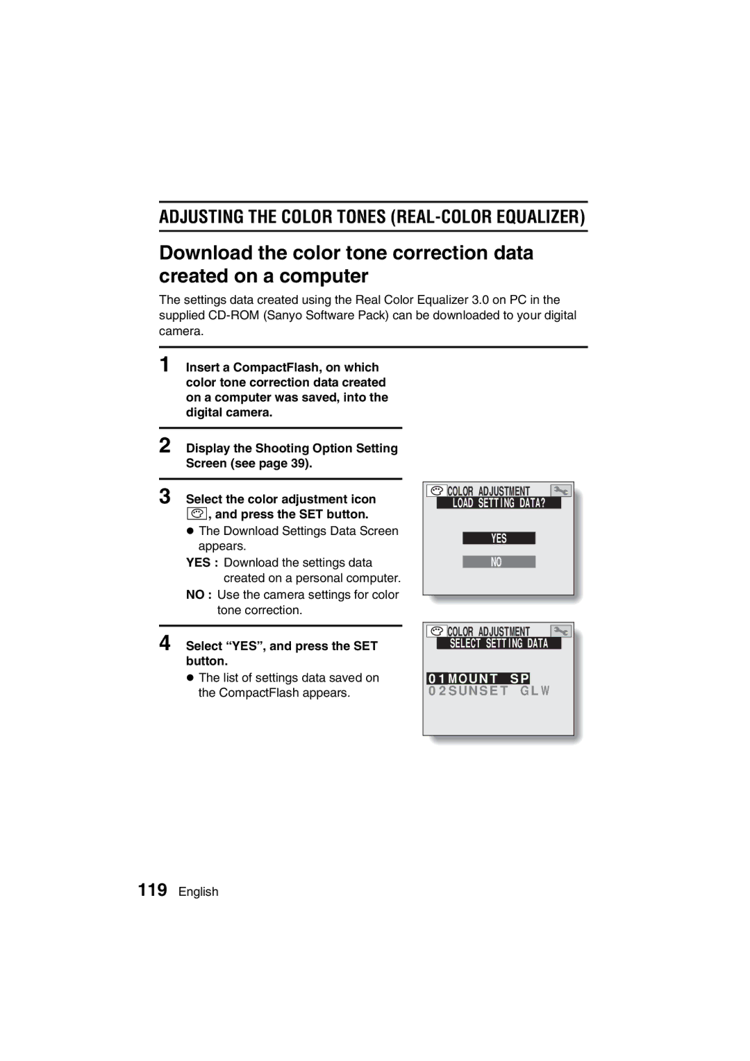 Sanyo VPC-MZ3GX instruction manual Load Setting DATA? YES, Select Setting Data 01MOUNT SP 02SUNSET GLW 