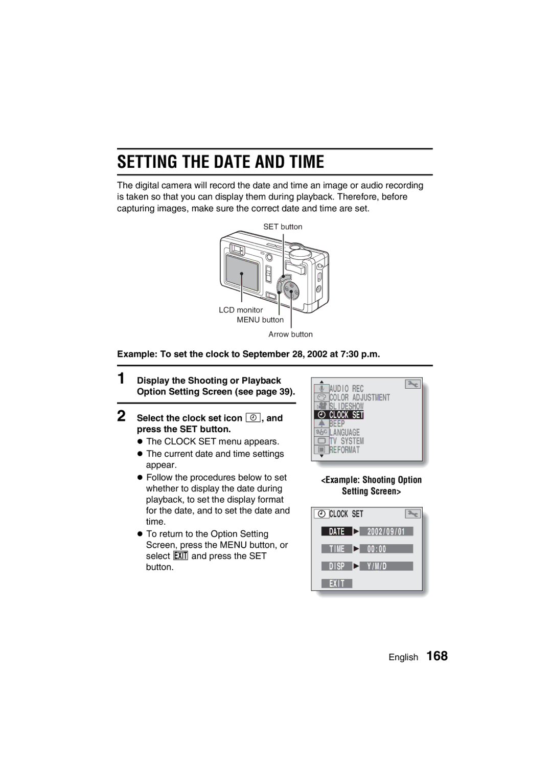 Sanyo VPC-MZ3GX instruction manual Setting the Date and Time, Clock SET, Disp 