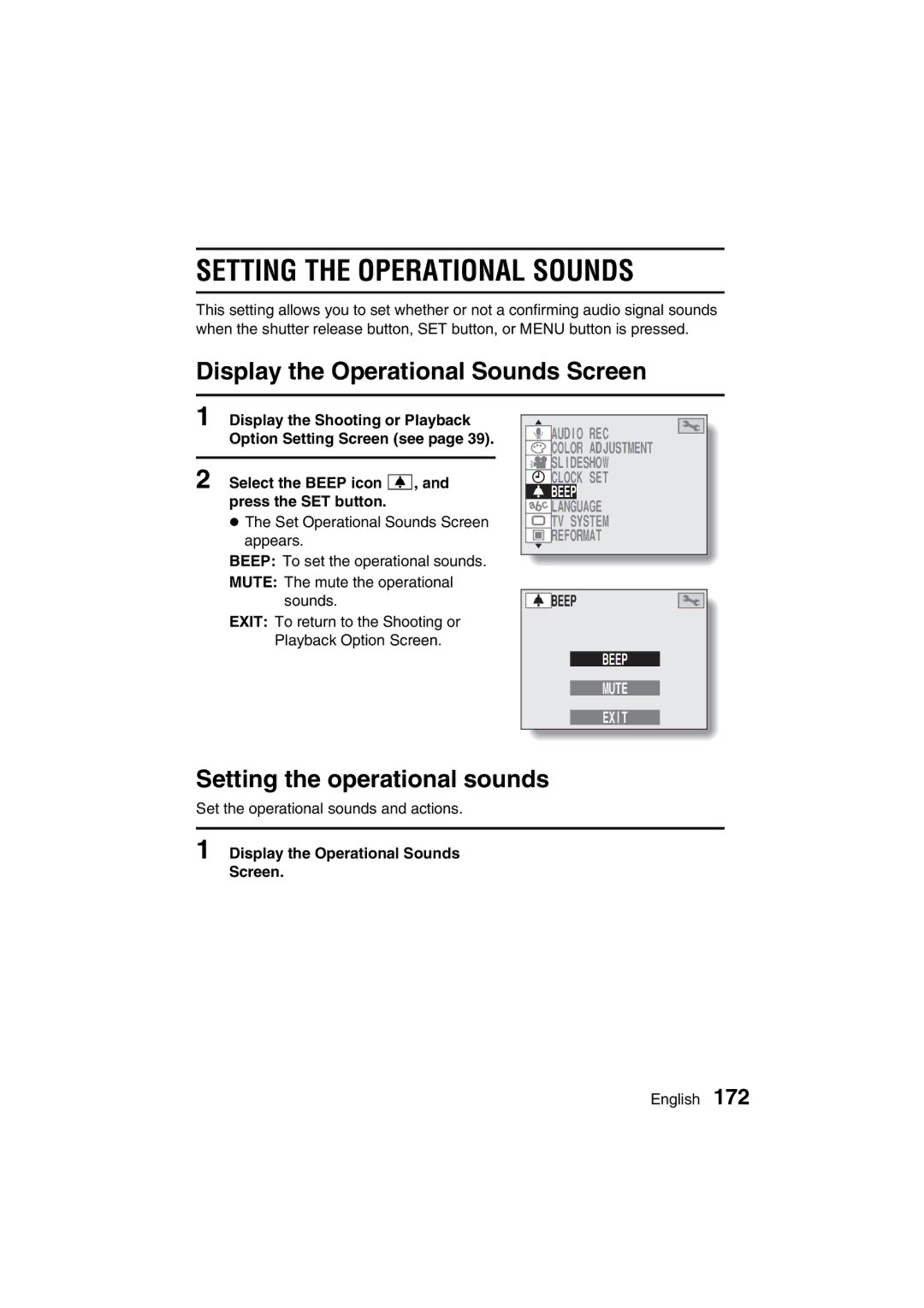 Sanyo VPC-MZ3 Setting the Operational Sounds, Display the Operational Sounds Screen, Setting the operational sounds, Beep 