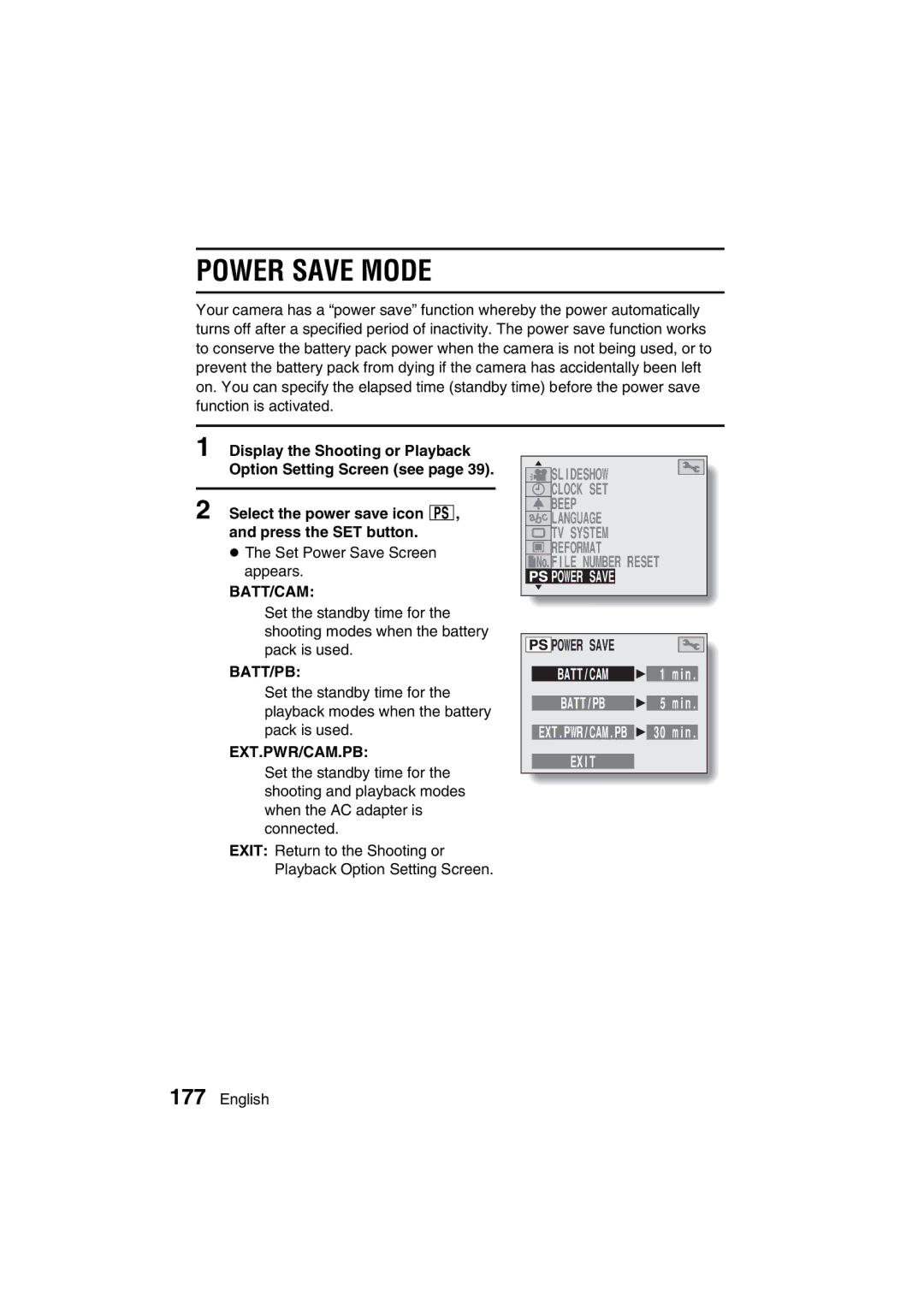 Sanyo VPC-MZ3GX instruction manual Power Save Mode, Select the power save icon é, and press the SET button 