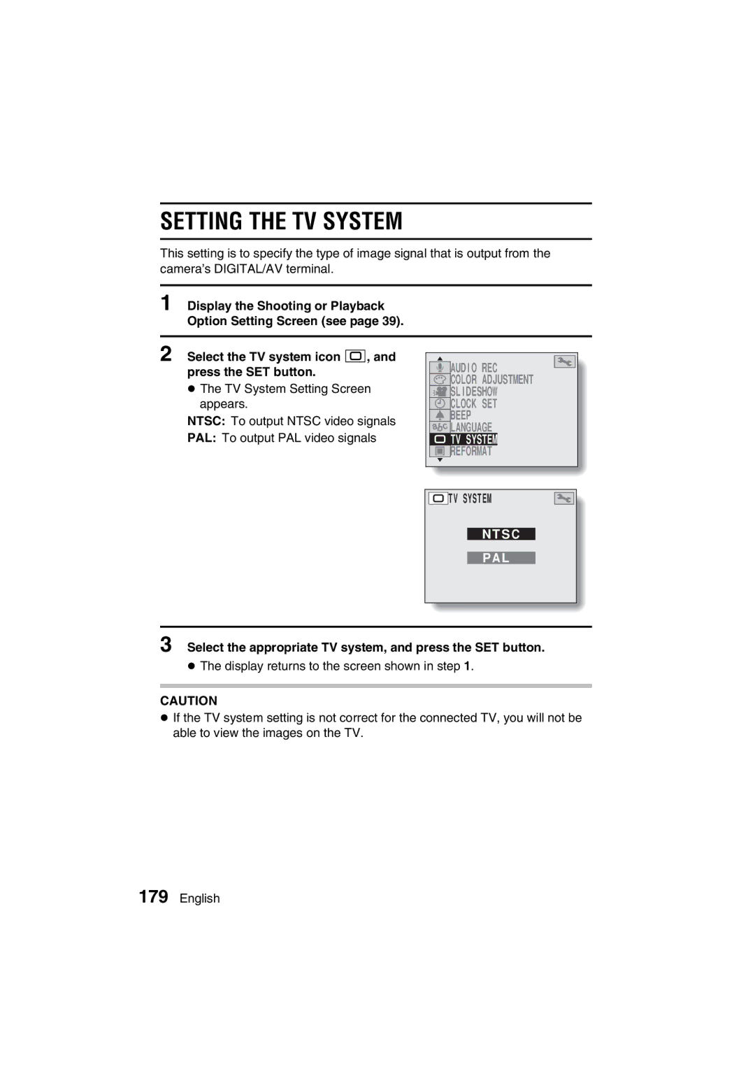 Sanyo VPC-MZ3GX instruction manual Setting the TV System, Ntsc, Pal 