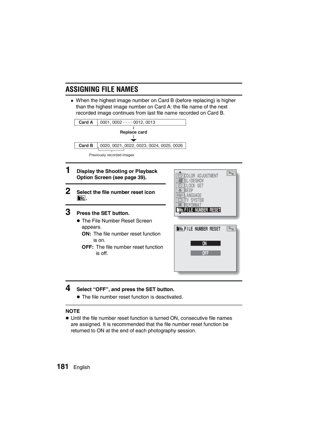 Sanyo VPC-MZ3GX instruction manual Assigning File Names, Select OFF, and press the SET button 