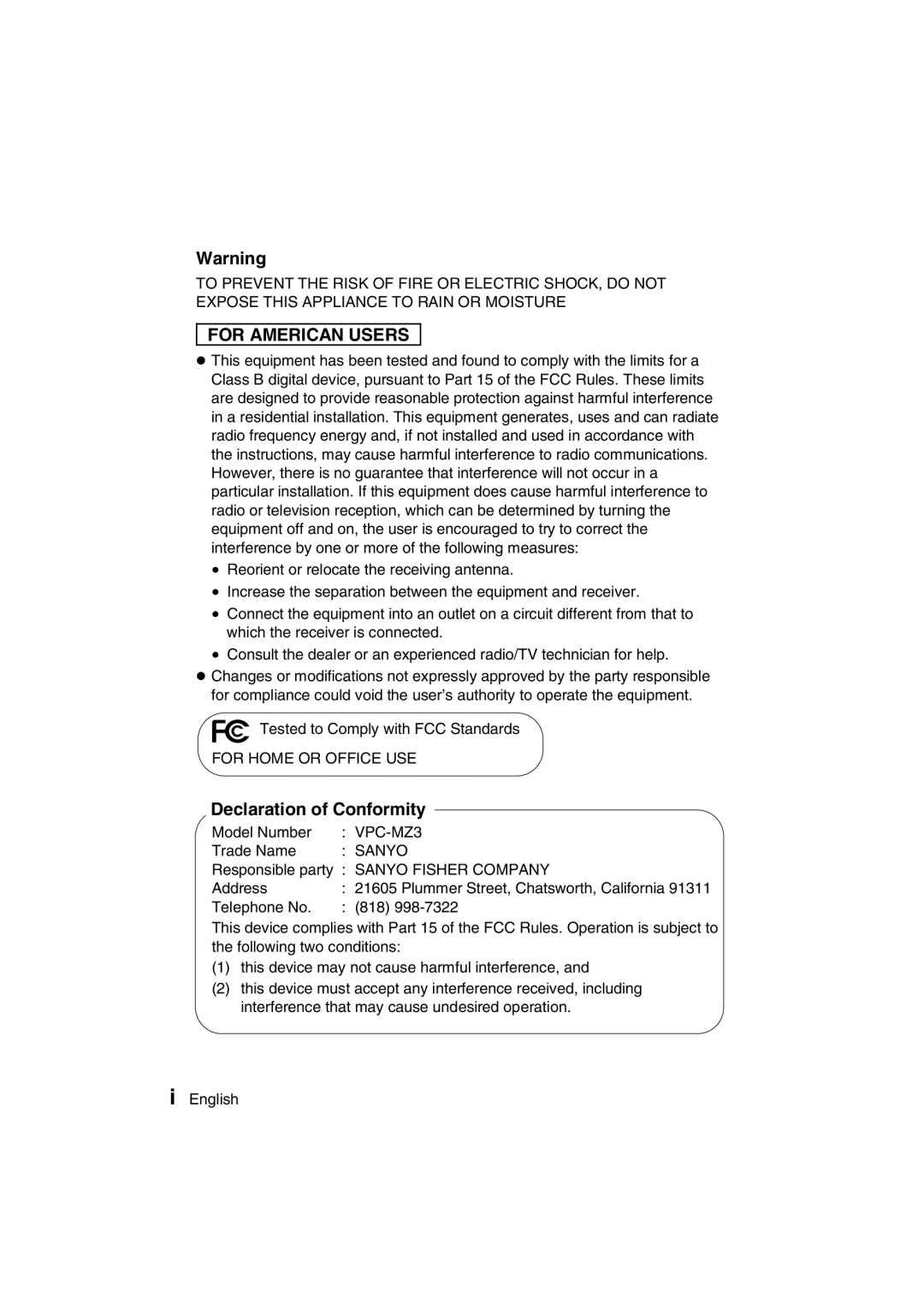 Sanyo VPC-MZ3GX instruction manual For American Users, Declaration of Conformity 