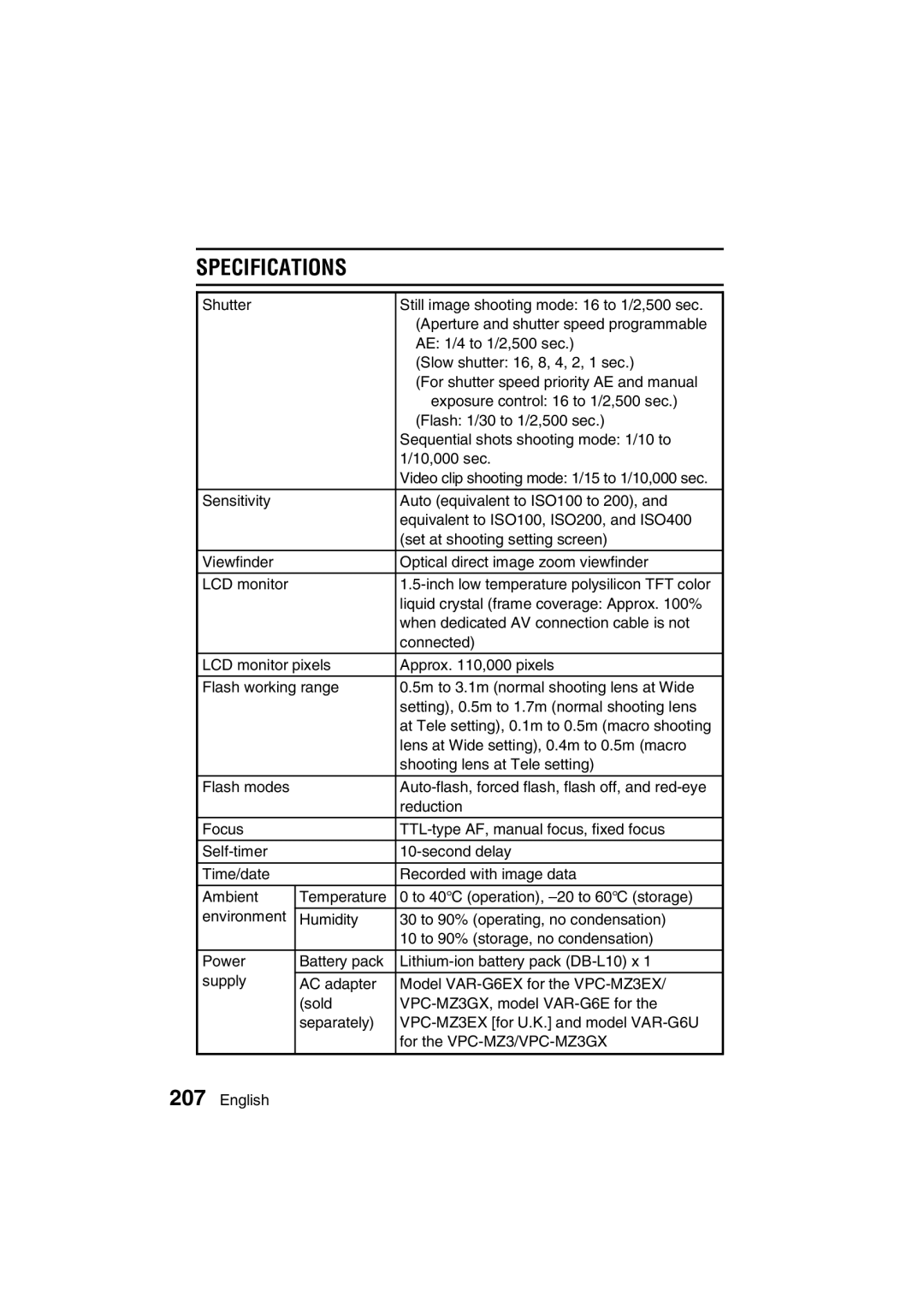 Sanyo VPC-MZ3GX instruction manual Specifications 