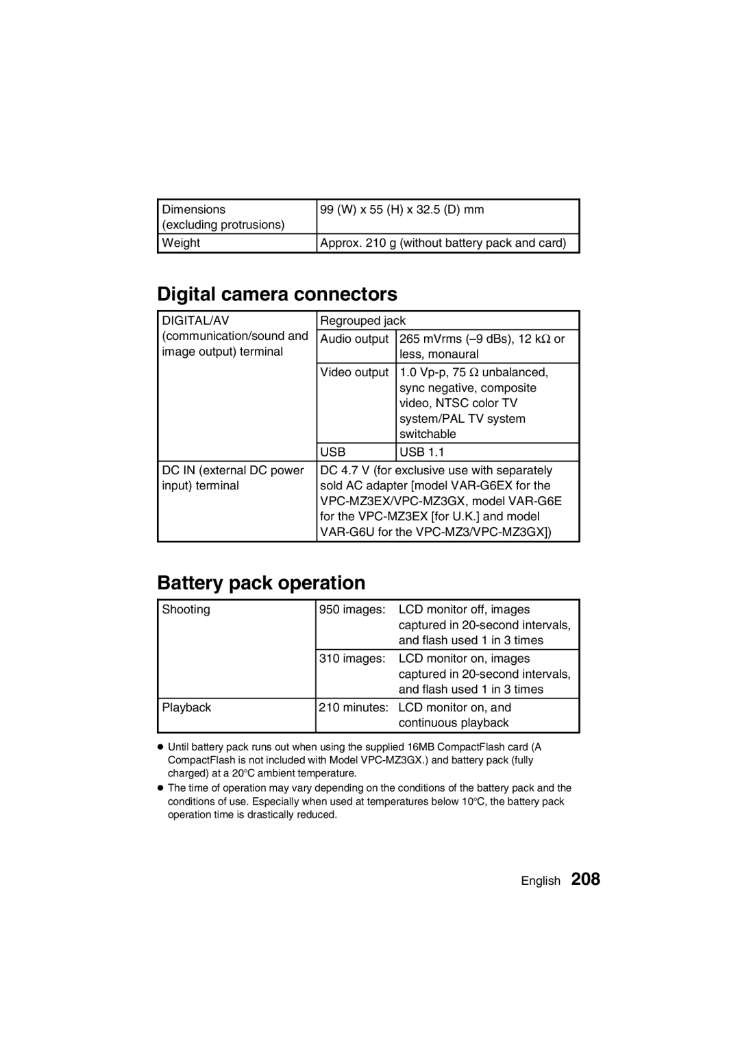 Sanyo VPC-MZ3GX instruction manual Digital camera connectors, Battery pack operation 