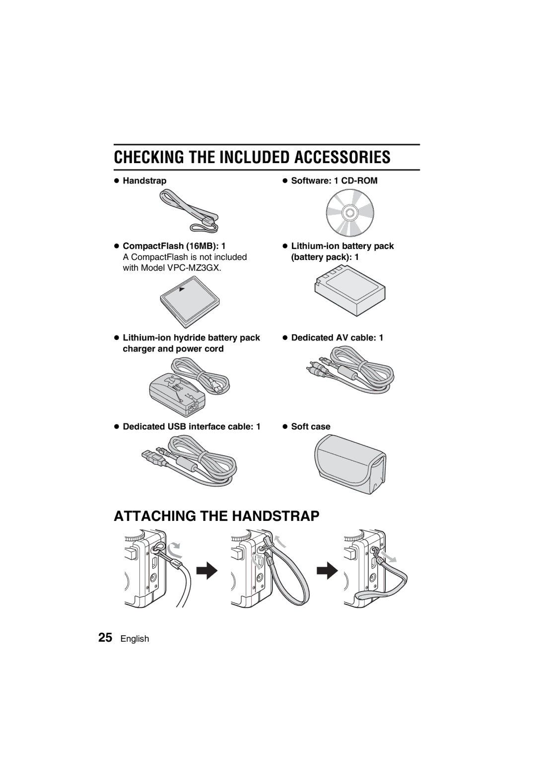 Sanyo VPC-MZ3GX instruction manual Checking the Included Accessories, Handstrap, CompactFlash 16MB 