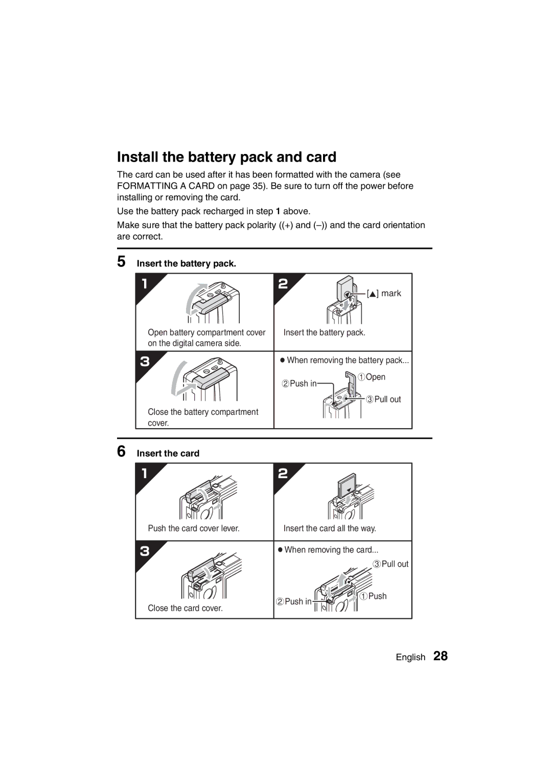 Sanyo VPC-MZ3GX instruction manual Install the battery pack and card, Insert the battery pack, Insert the card 