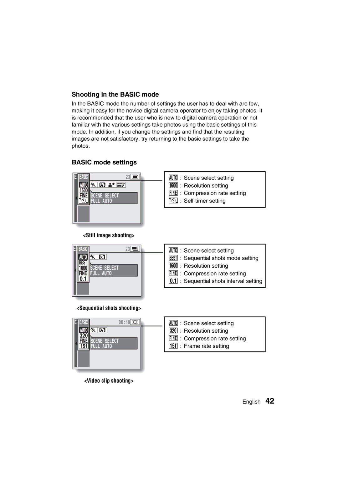 Sanyo VPC-MZ3GX instruction manual Shooting in the Basic mode, Basic mode settings, Video clip shooting 