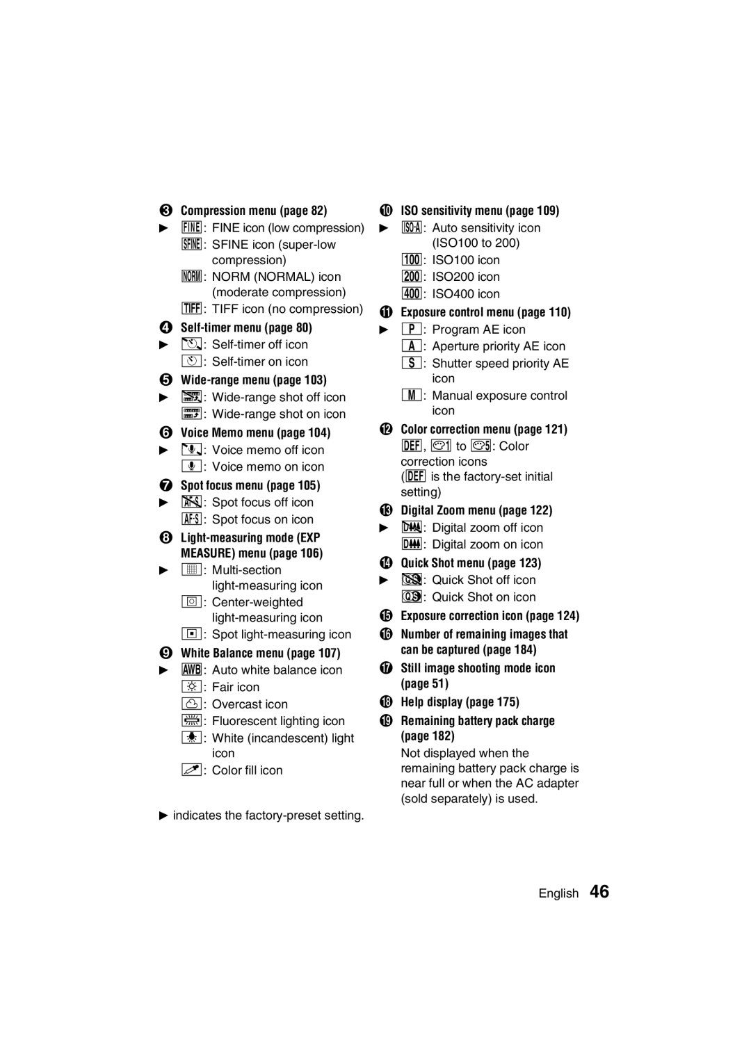 Sanyo VPC-MZ3GX Compression menu, Voice Memo menu page 104 c b Voice memo off icon, Color correction menu 