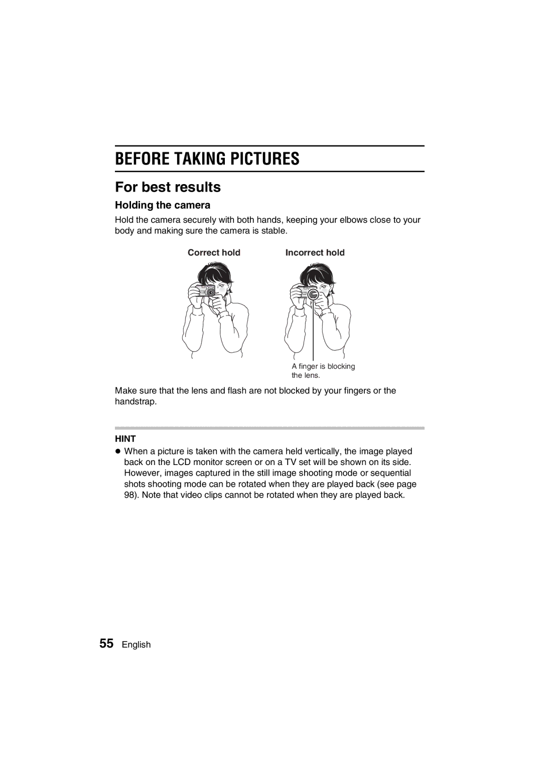 Sanyo VPC-MZ3GX instruction manual Before Taking Pictures, For best results, Holding the camera, Correct hold 