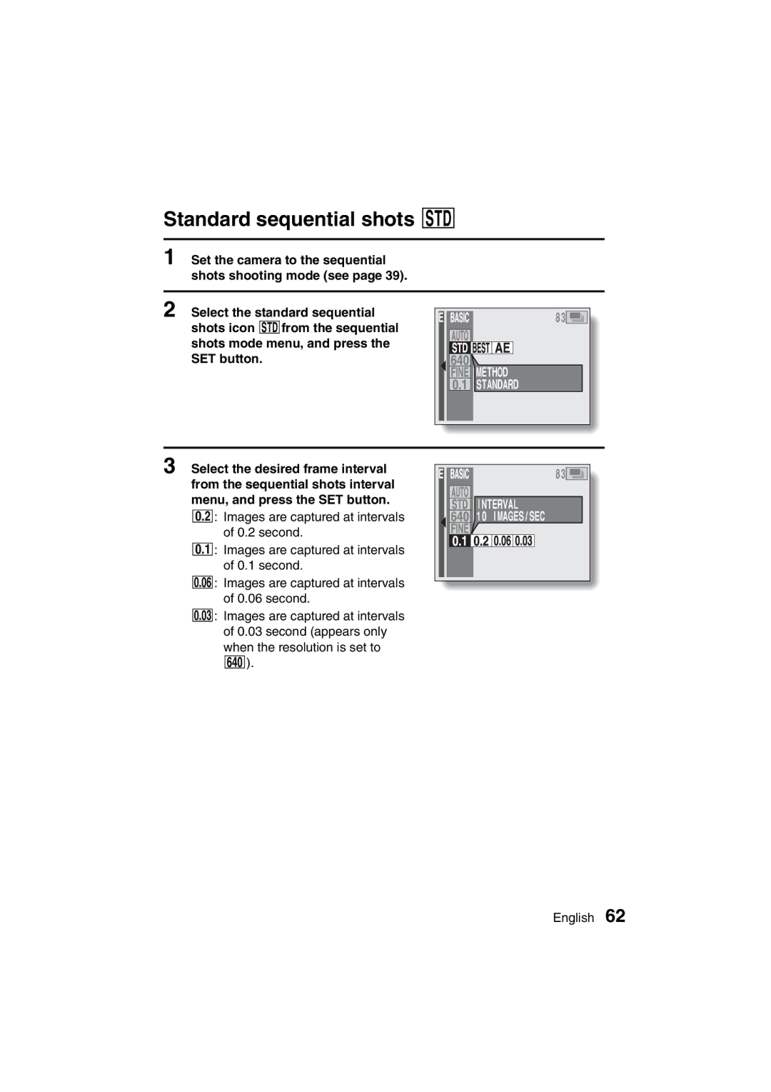 Sanyo VPC-MZ3GX instruction manual Standard sequential shots Ö, Method, Interval 