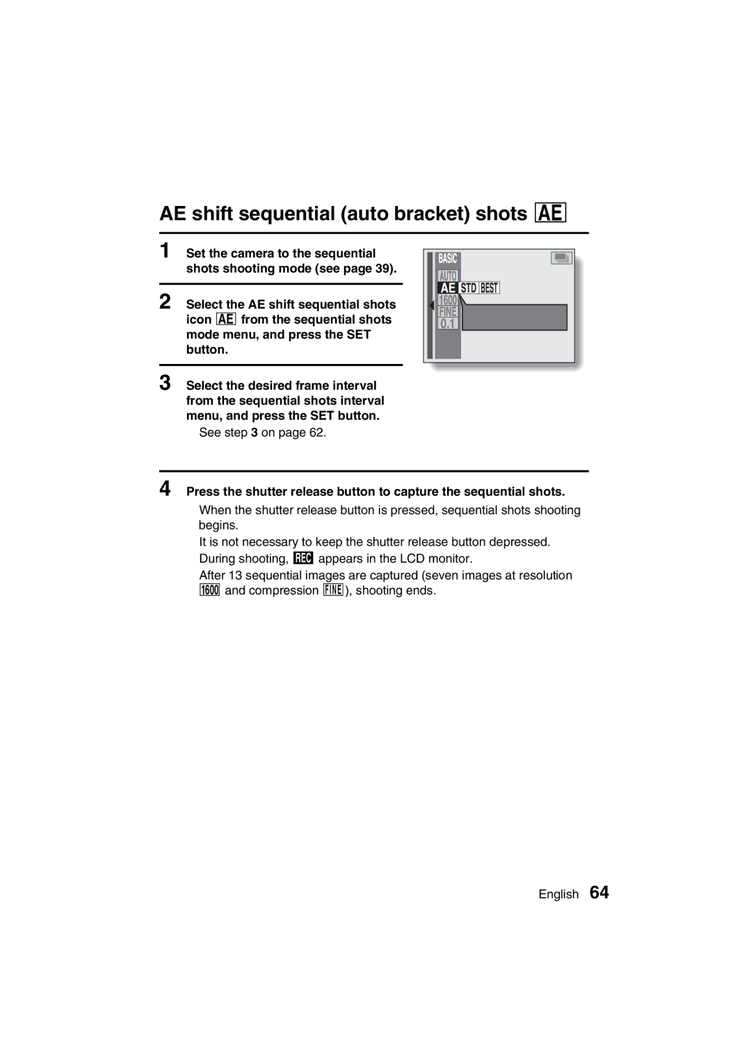 Sanyo VPC-MZ3GX instruction manual AE shift sequential auto bracket shots a, Bracket 