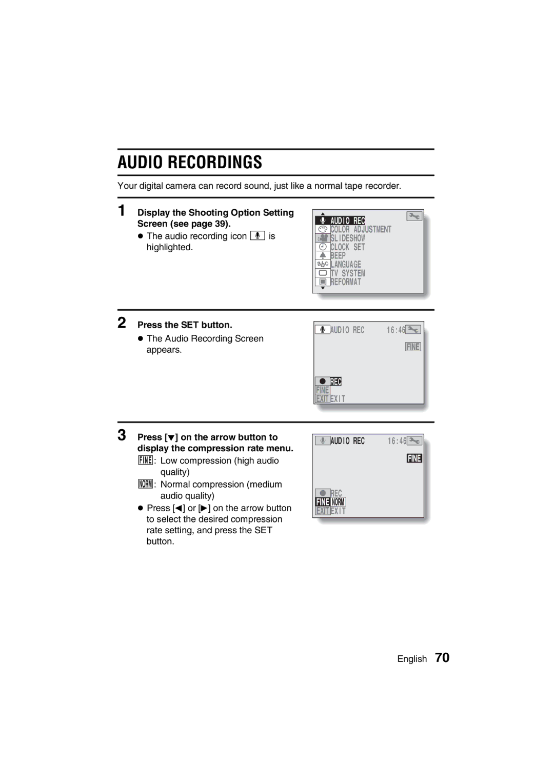 Sanyo VPC-MZ3GX instruction manual Audio Recordings, Audio REC 