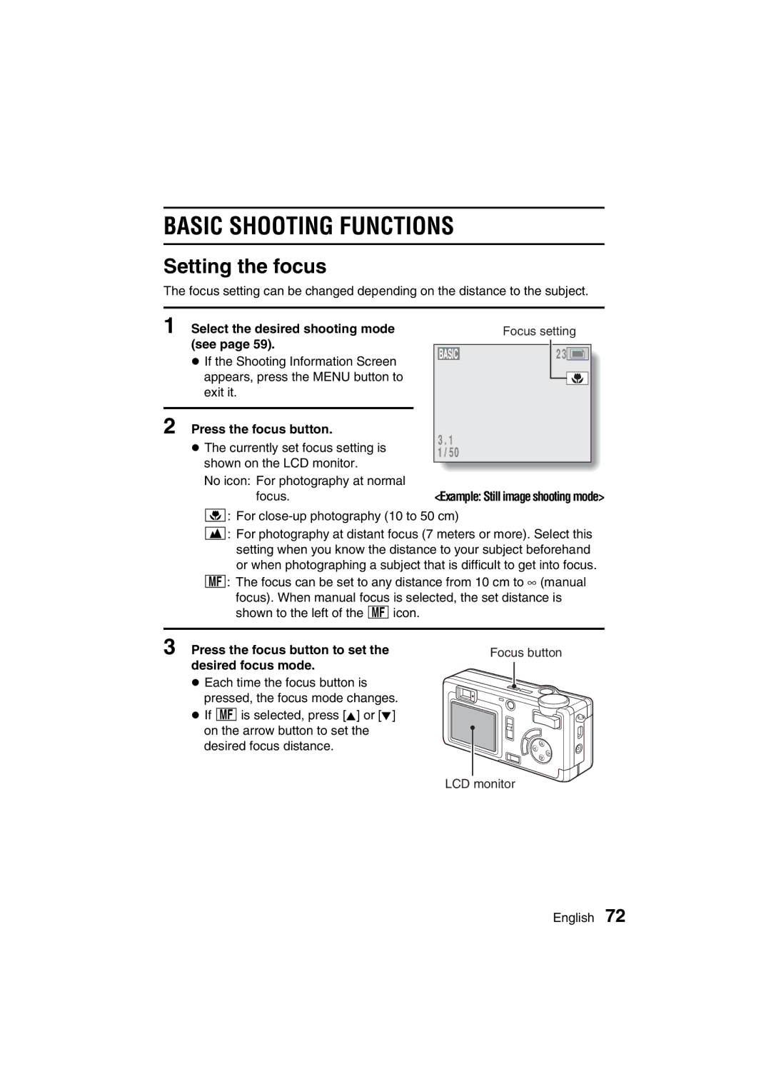 Sanyo VPC-MZ3GX instruction manual Basic Shooting Functions, Setting the focus 