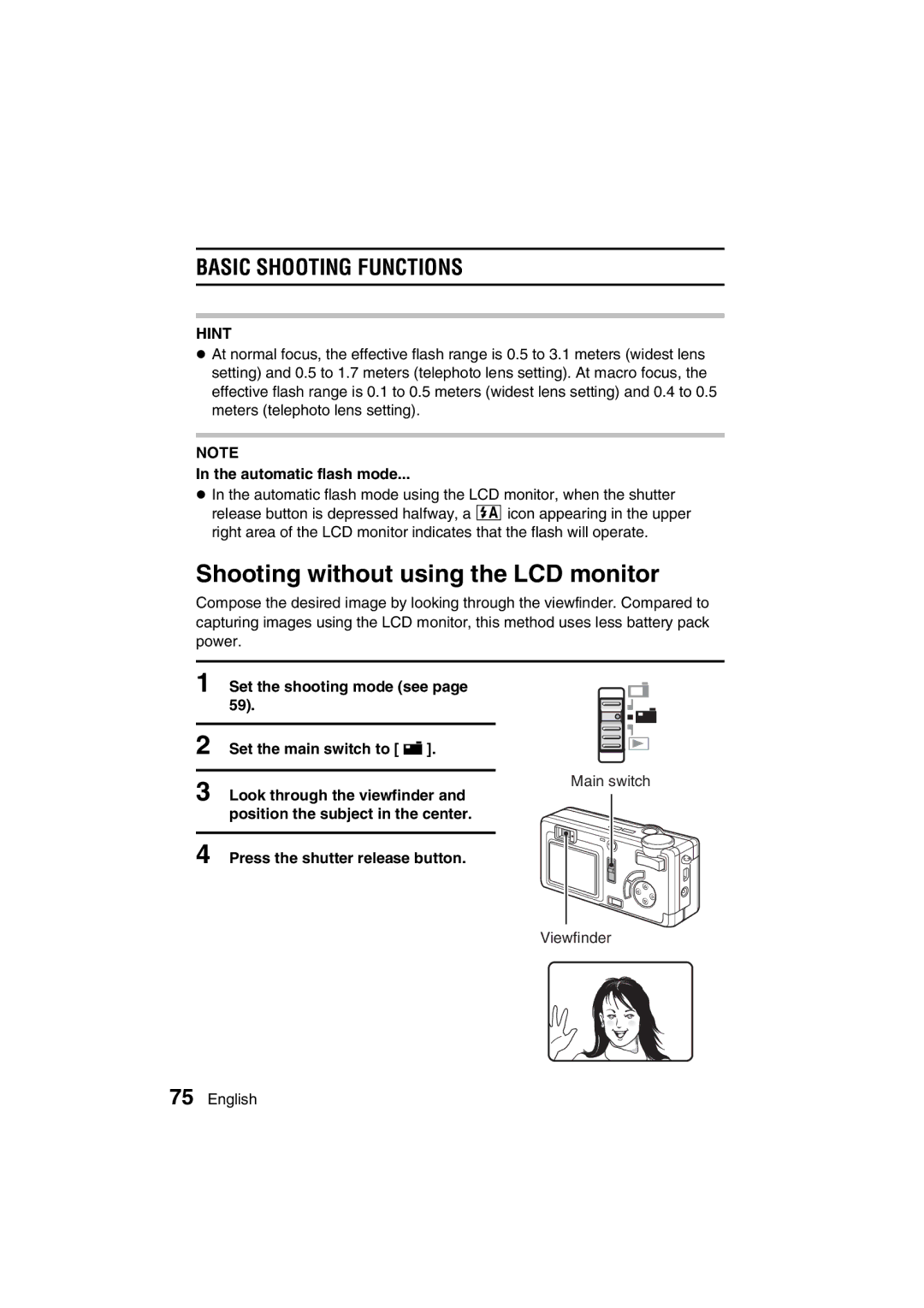 Sanyo VPC-MZ3GX instruction manual Shooting without using the LCD monitor, Automatic flash mode 