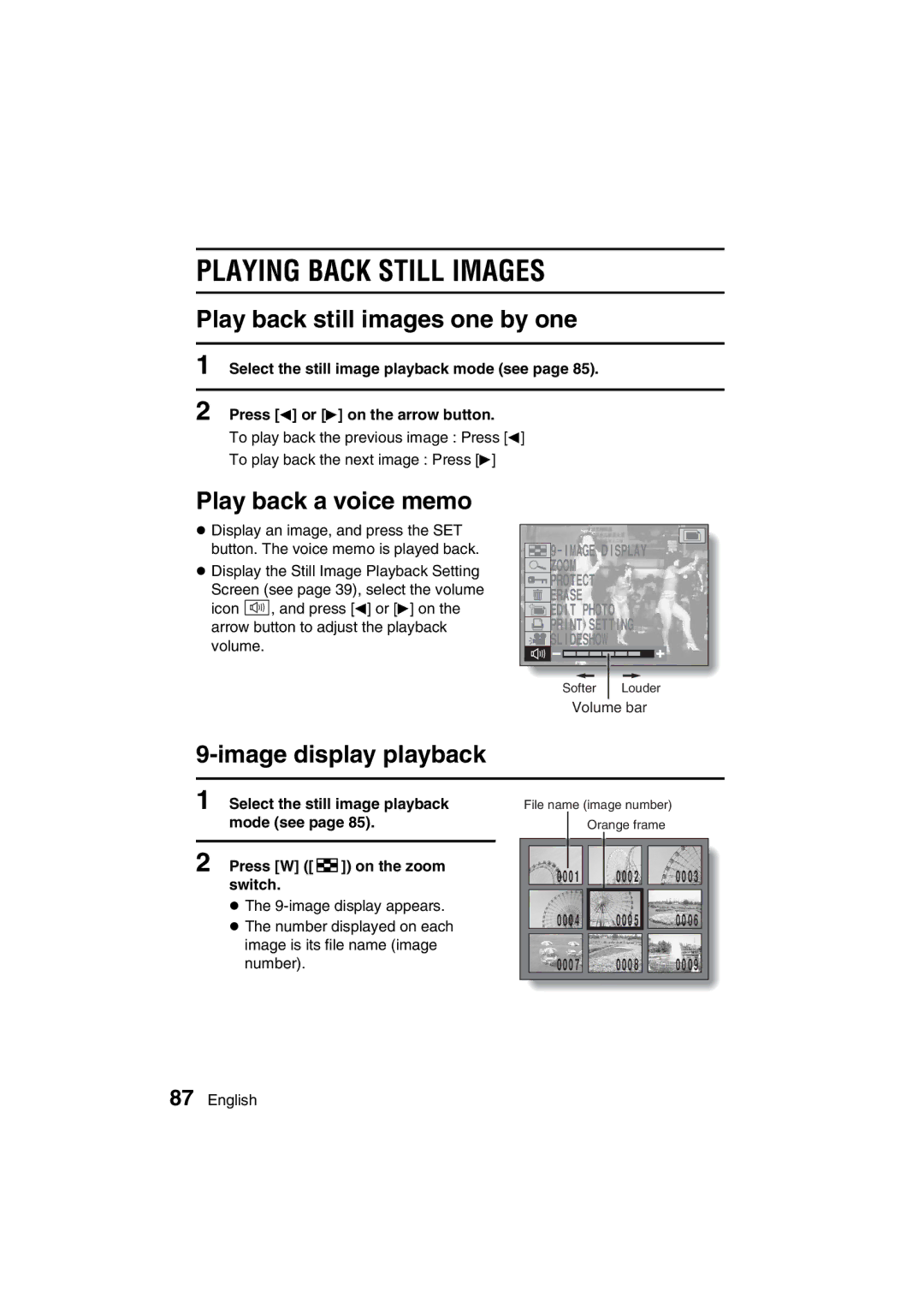 Sanyo VPC-MZ3GX instruction manual Playing Back Still Images, Play back still images one by one, Play back a voice memo 