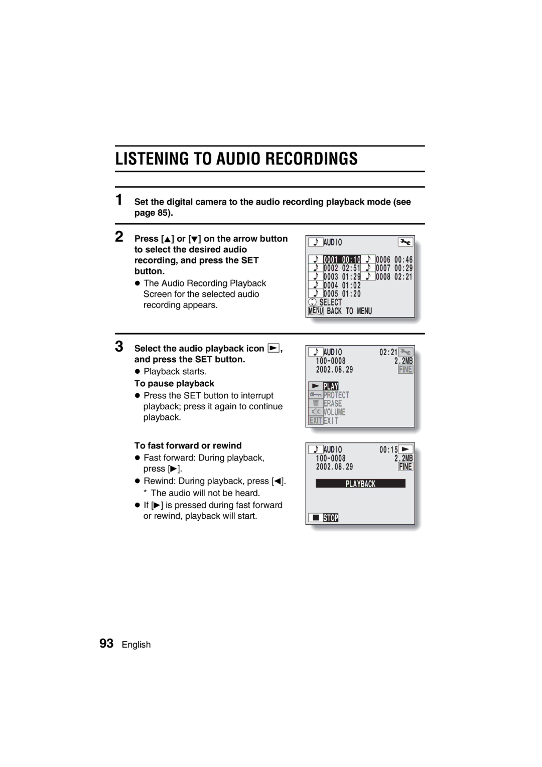 Sanyo VPC-MZ3GX Listening to Audio Recordings, Select the audio playback icon Ô, and press the SET button, Play, Stop 