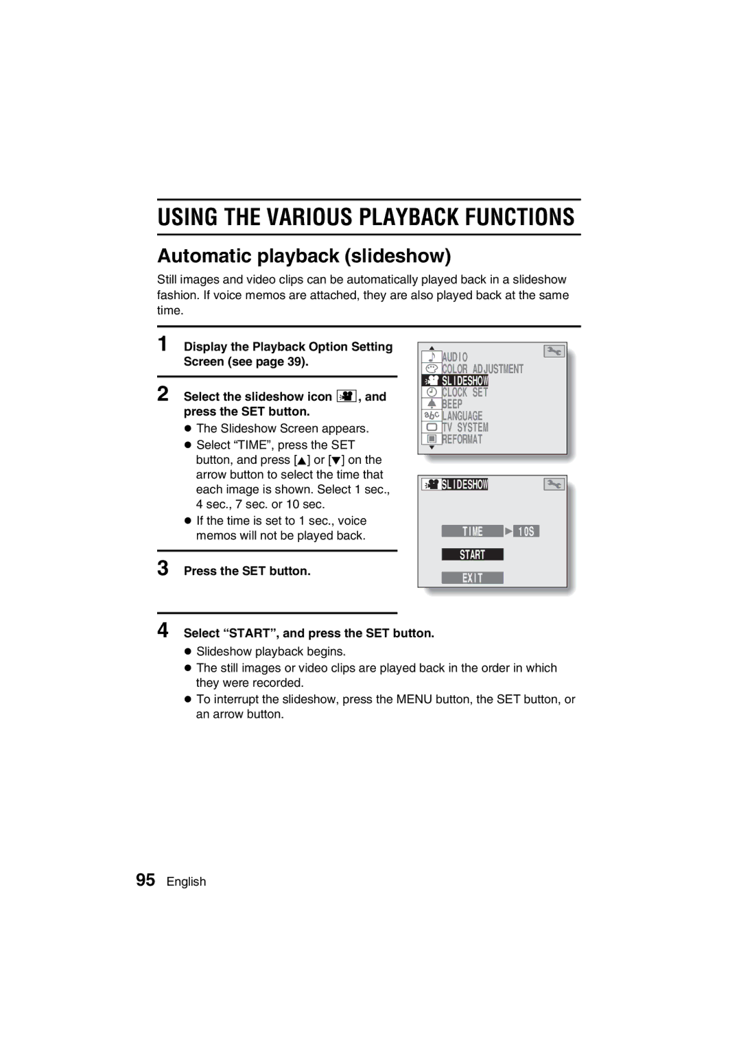 Sanyo VPC-MZ3GX instruction manual Automatic playback slideshow, Slideshow, Select START, and press the SET button 