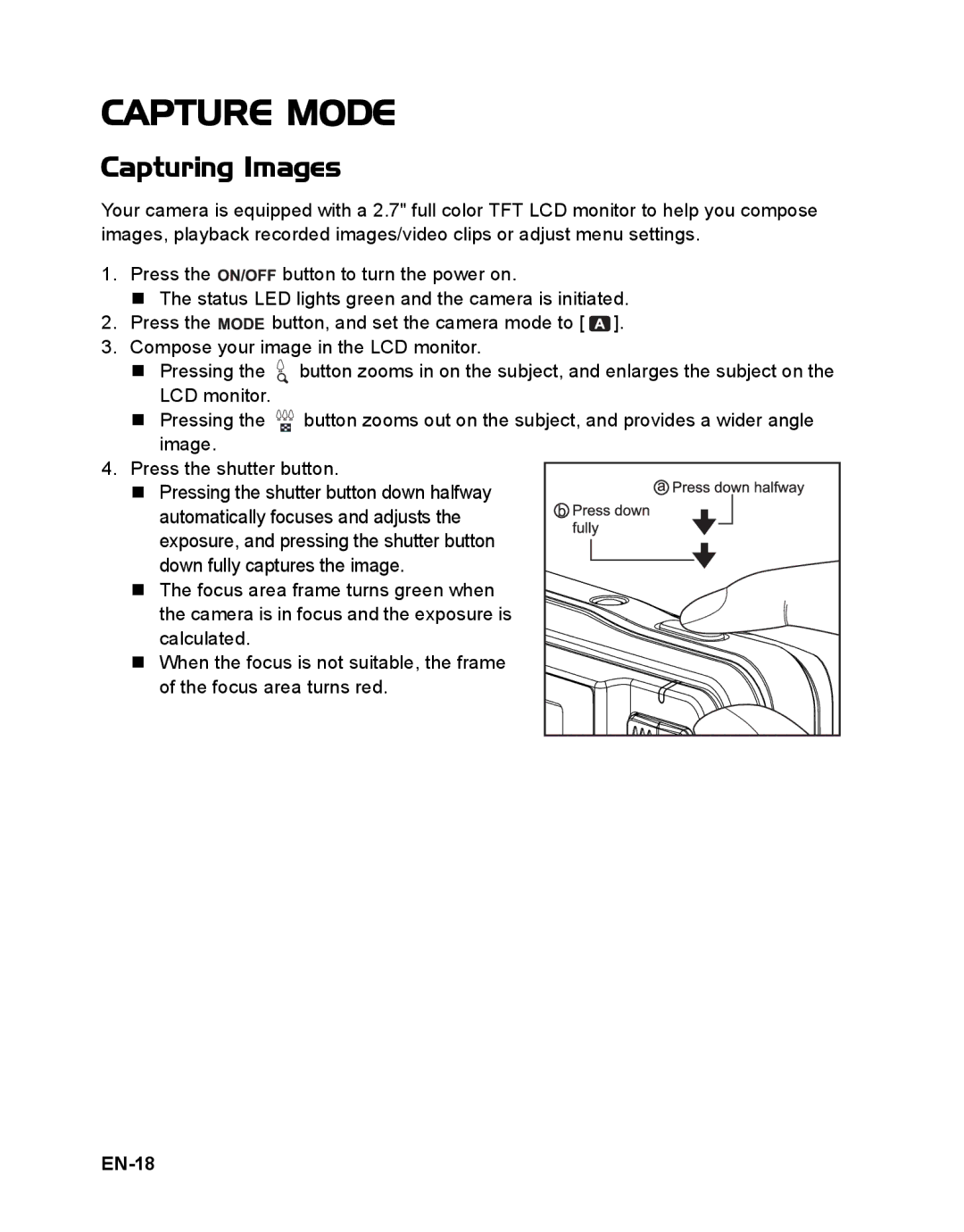 Sanyo VPC-S1085 instruction manual Capture Mode, Capturing Images, EN-18 