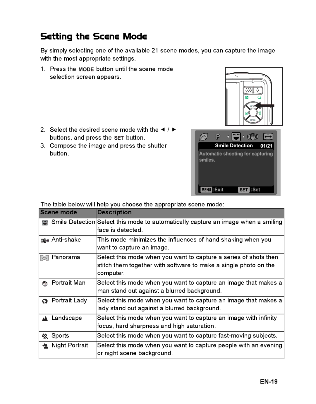 Sanyo VPC-S1085 instruction manual Setting the Scene Mode, Scene mode Description, EN-19 